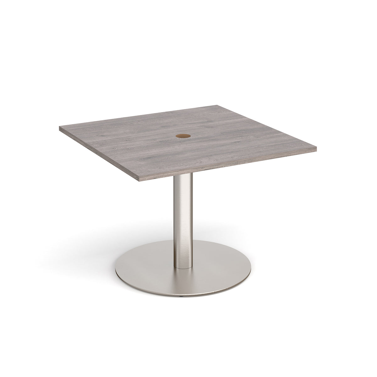 Eternal square meeting table 1000mm x 1000mm with central circular cutout 80mm - brushed steel base, Grey Oak Top - view 1