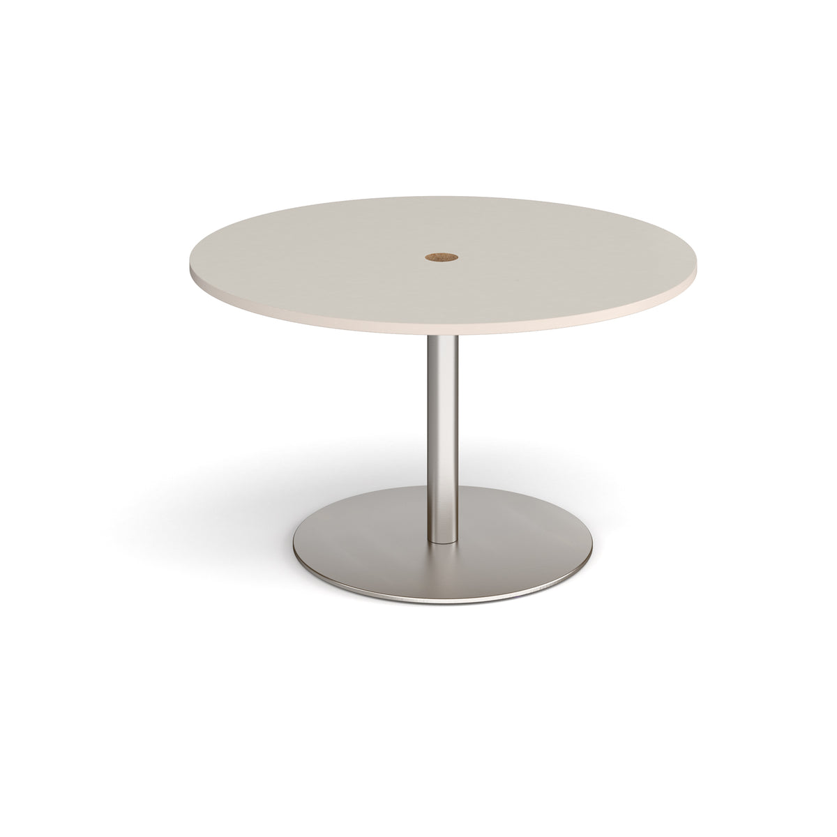Eternal circular meeting table 1200mm with central circular cutout 80mm - brushed steel base, light grey top - view 1