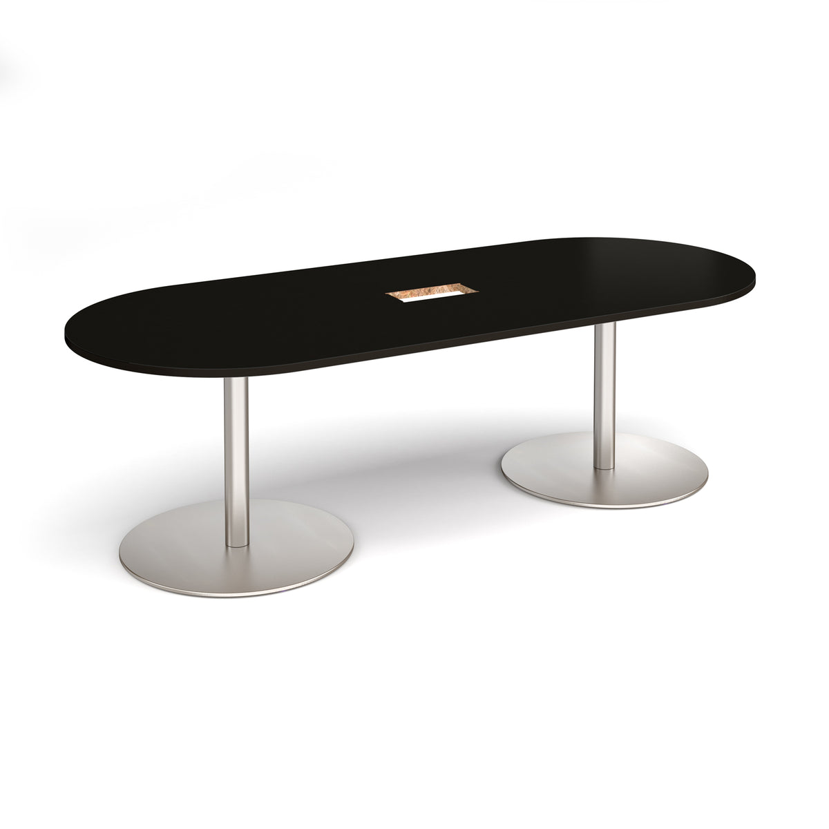 Eternal radial end boardroom table 2400mm x 1000mm with central cutout 272mm x 132mm - brushed steel base, black top - view 1