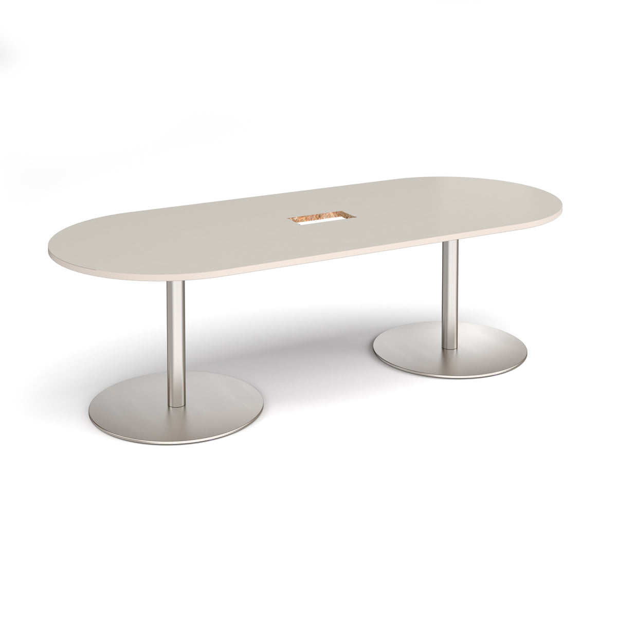 Eternal radial end boardroom table 2400mm x 1000mm with central cutout 272mm x 132mm - brushed steel base, light grey top - view 1