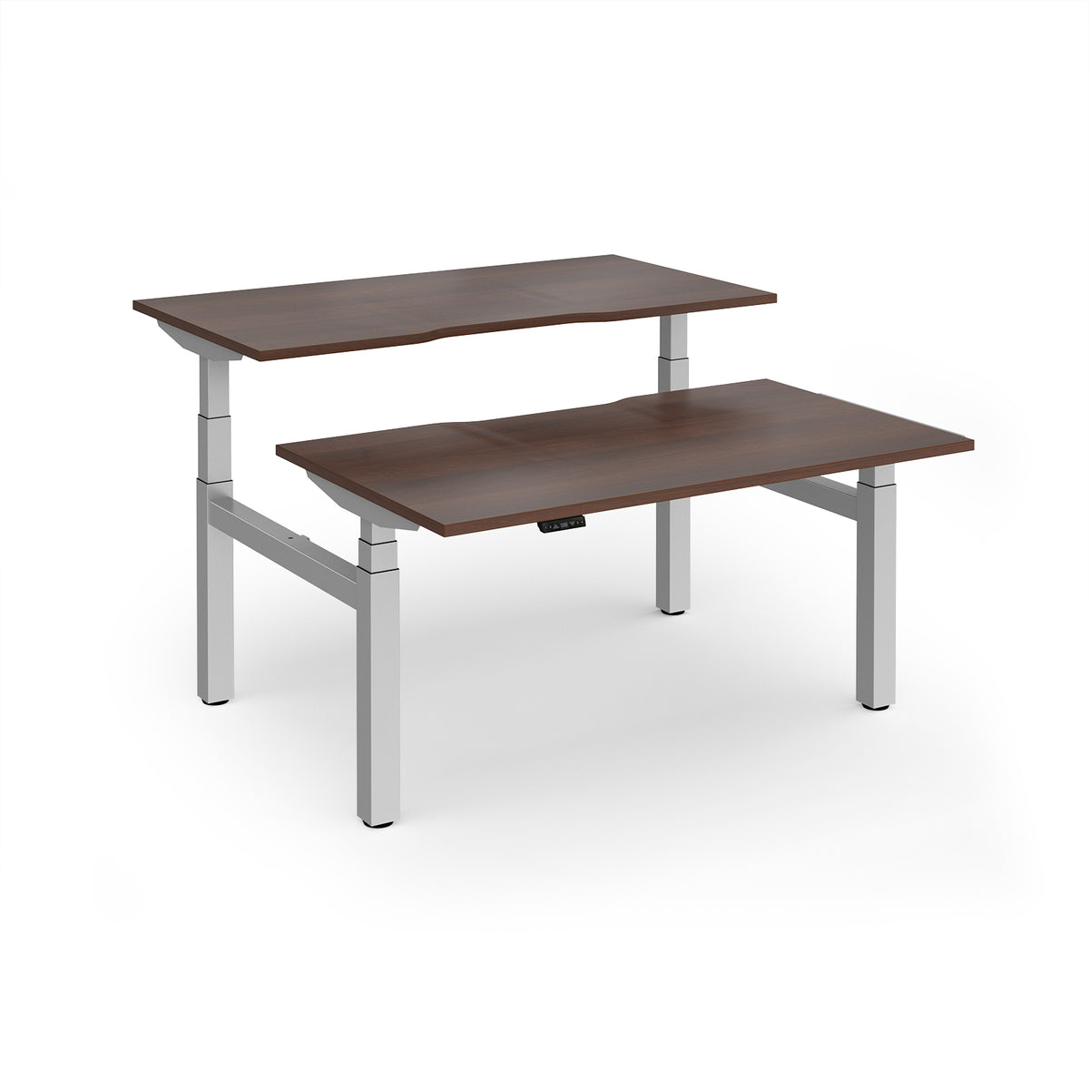 Elev8 Luxe Sit-Stand Back-To-Back Desks 1400mm x 800mm - Silver Frame / Walnut Top - view 1