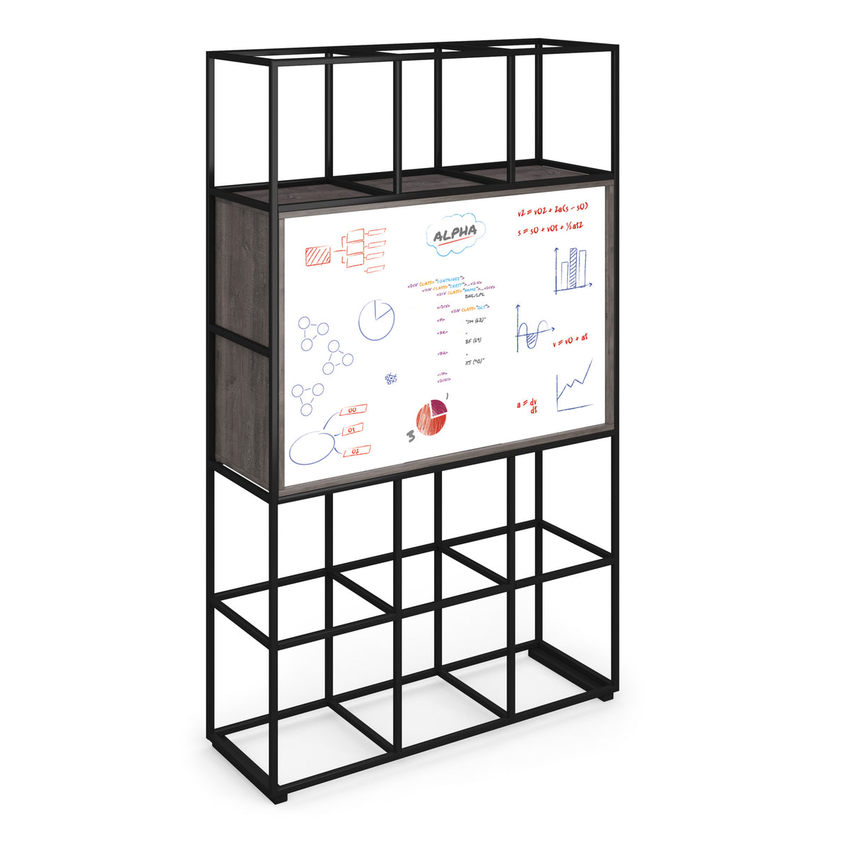 Flux modular storage triple frame with media unit in Grey Oak with TV bracket and whiteboard on reverse - view 2