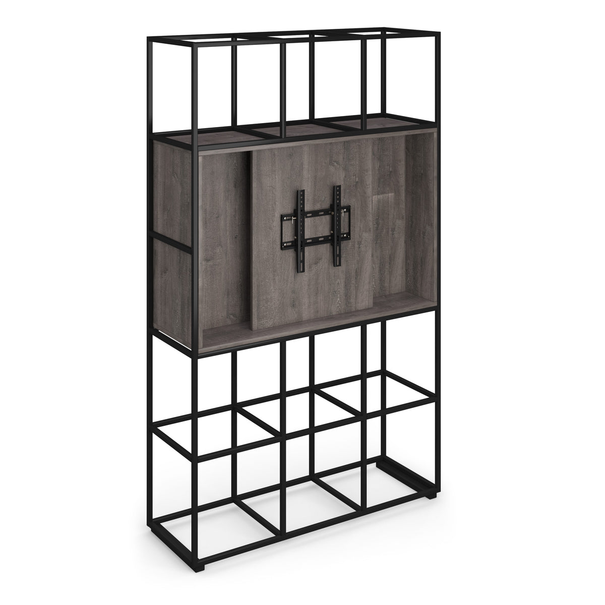 Flux modular storage triple frame with media unit in Grey Oak with TV bracket and whiteboard on reverse - view 1