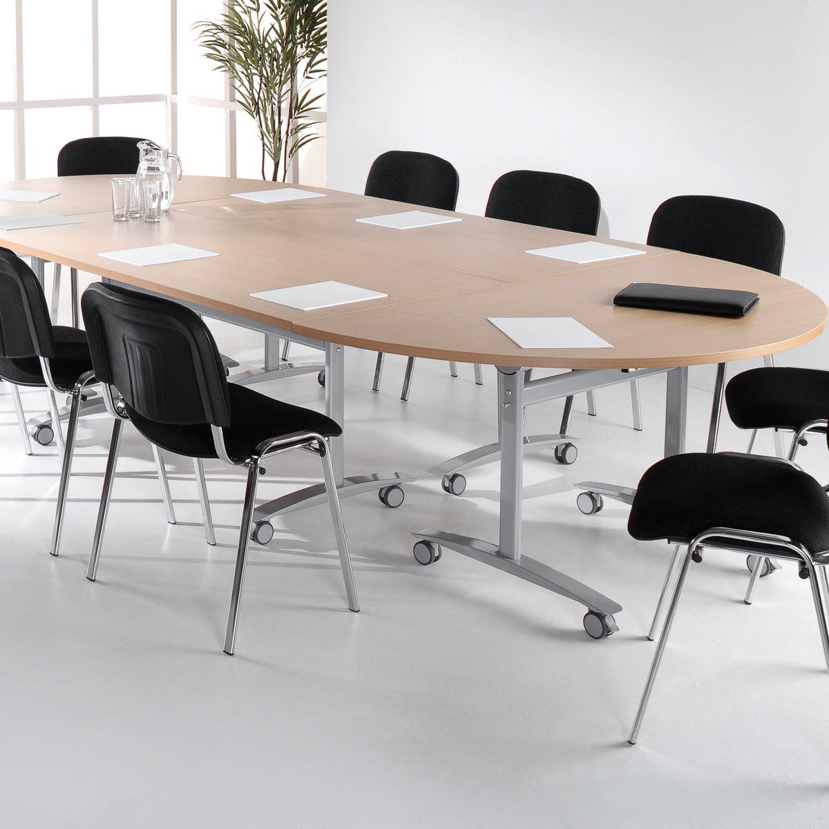 Semi circular deluxe flip top meeting table with black frame 1600mm x 800mm - Beech - view 2