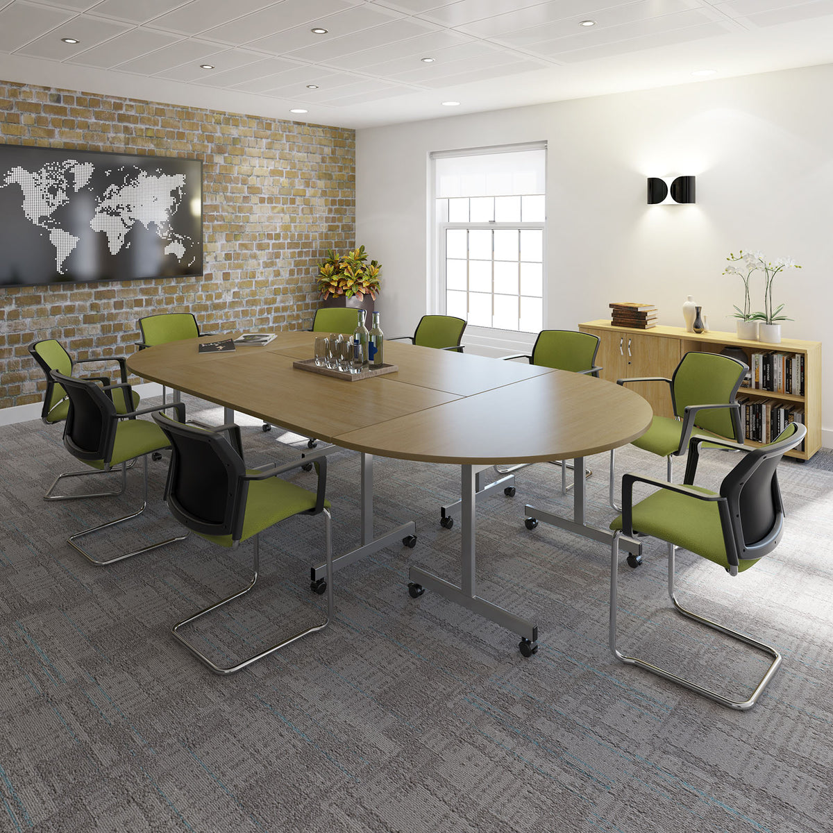 Semi circular flip top meeting table with silver frame 1600mm x 800mm - Light Grey - view 3