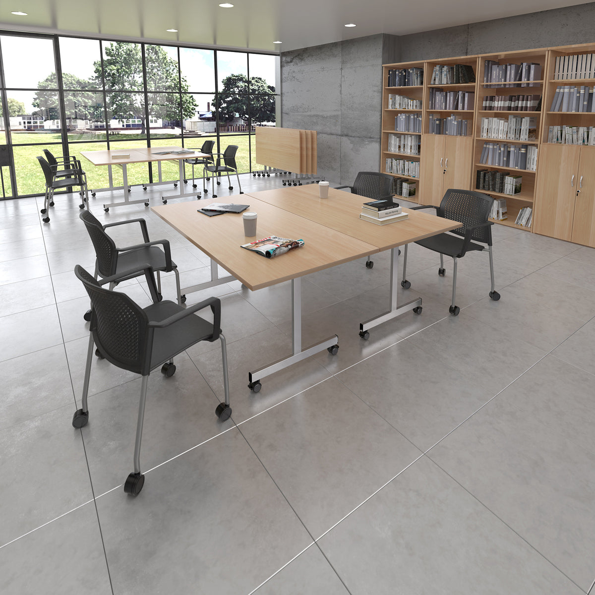 Semi circular flip top meeting table with silver frame 1600mm x 800mm - Light Grey - view 2