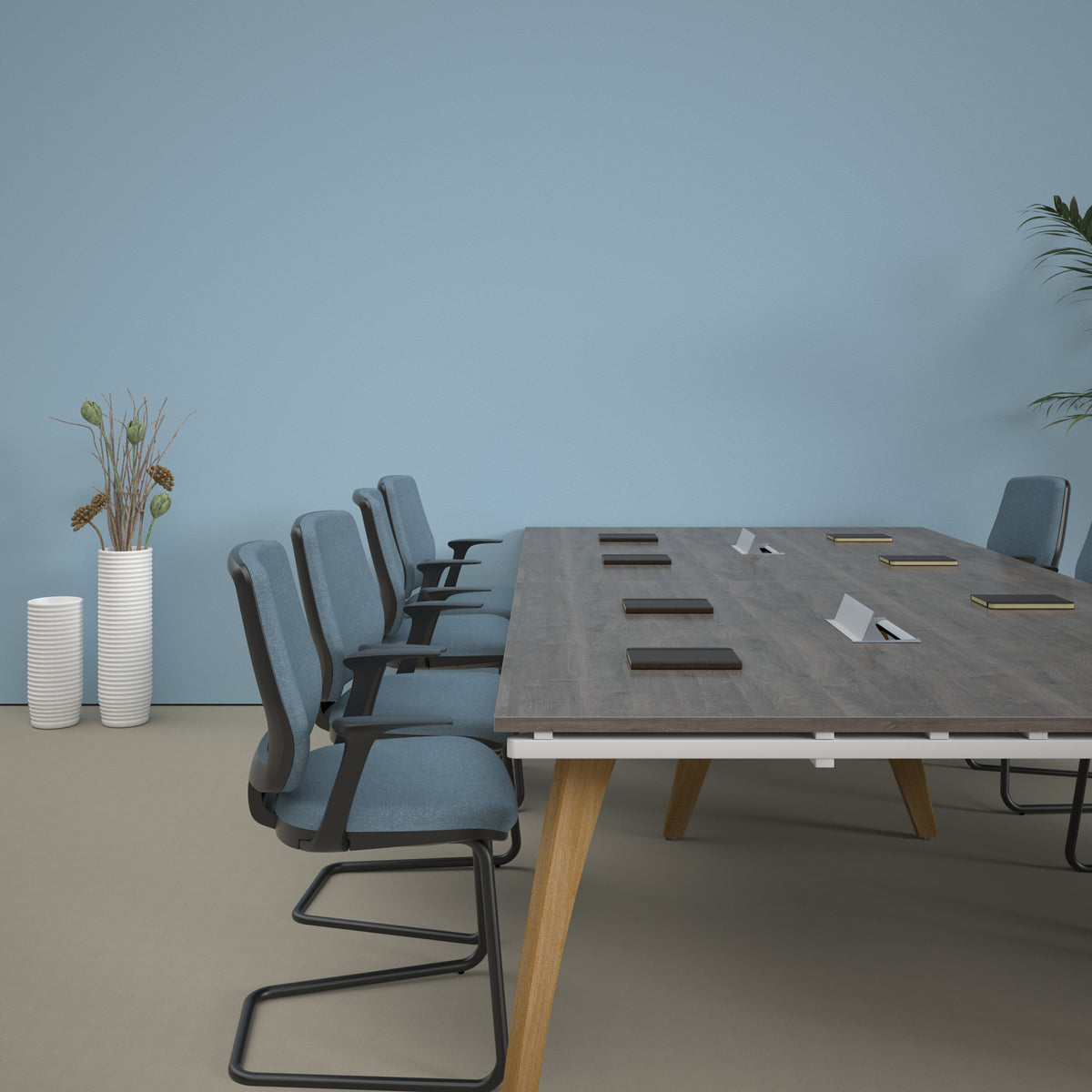 Fuze boardroom table add on unit 1600mm x 1600mm with central cutout 272mm x 132mm with oak legs - white underframe, black top - view 4