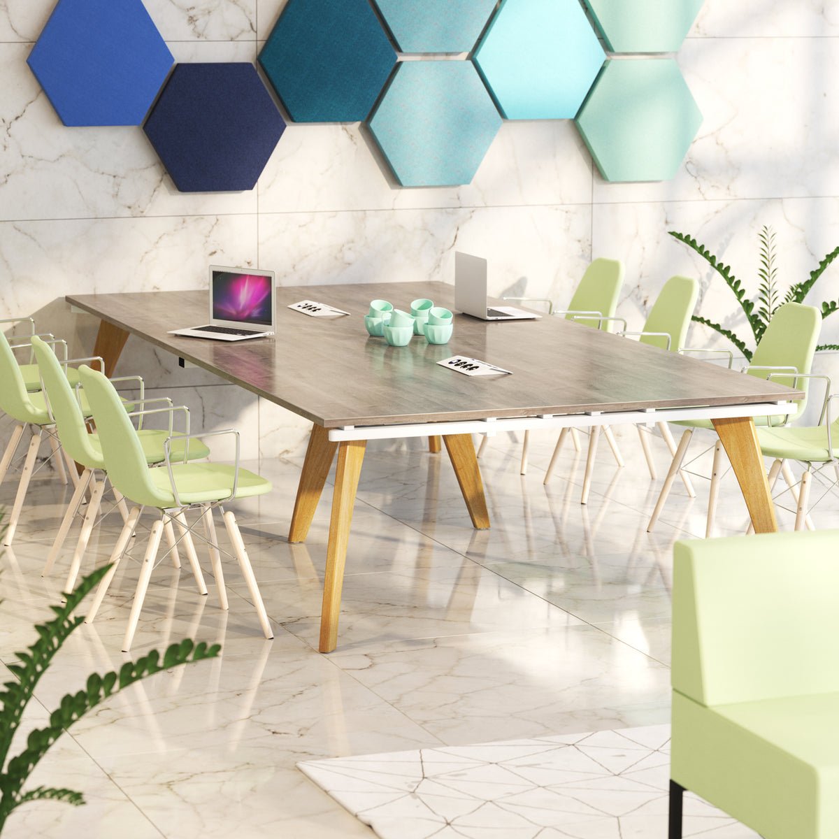 Fuze square boardroom table 1600mm x 1600mm with central cutout 272mm x 132mm with oak legs - white underframe, grey black top - view 5