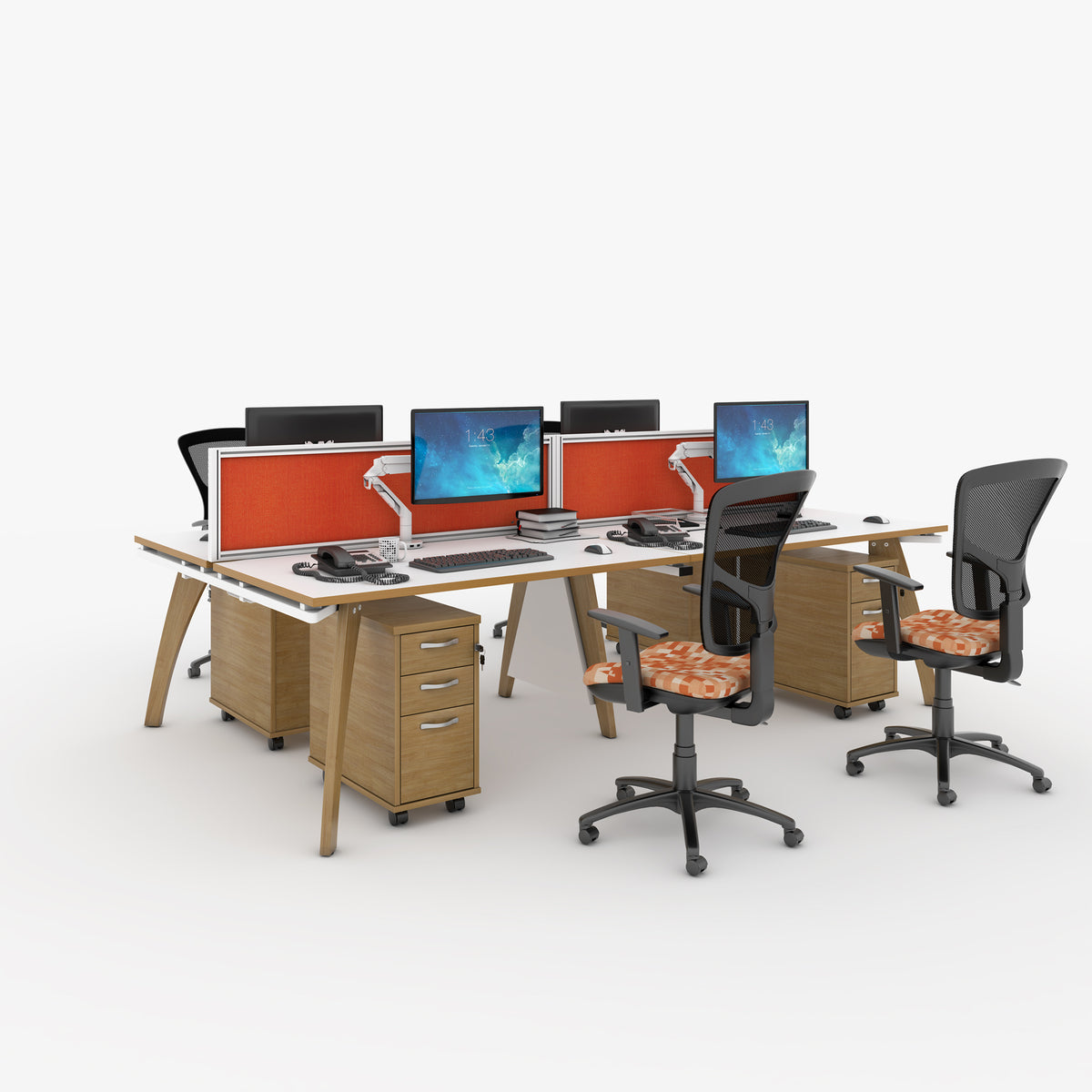 Fuze triple back to back desks 3600mm x 1600mm with oak legs - white underframe, black top - view 3