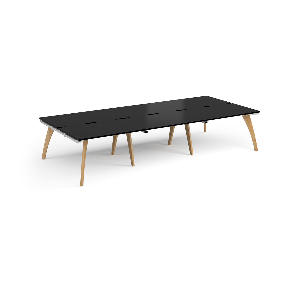 Fuze triple back to back desks 3600mm x 1600mm with oak legs - white underframe, black top - view 1