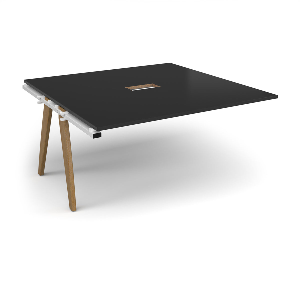 Fuze boardroom table add on unit 1600mm x 1600mm with central cutout 272mm x 132mm with oak legs - white underframe, black top - view 1
