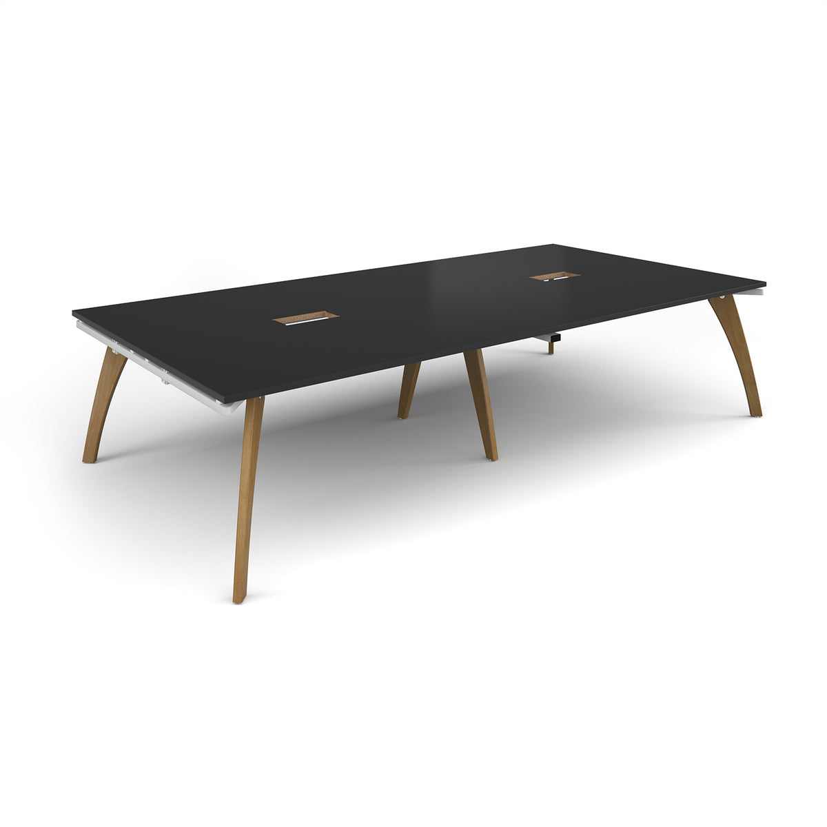 Fuze rectangular boardroom table 3200mm x 1600mm with 2 cutouts 272mm x 132mm with oak legs - white underframe, black top - view 1