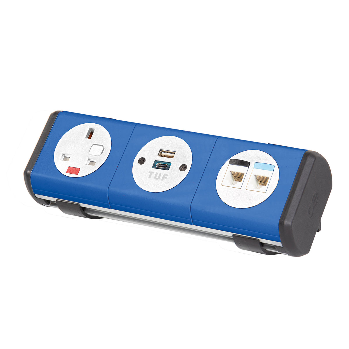 Hubble clip-on power module 1 x UK socket, 1 x TUF (A&C connectors) USB charger, 2 x RJ45 sockets - dark blue - view 1