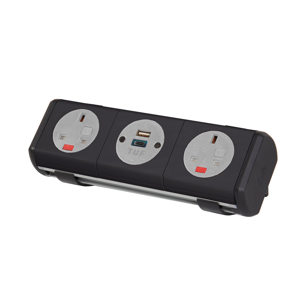 Hubble clip-on power module 2 x UK sockets, 1 x TUF (A&C connectors) USB charger - black - view 1