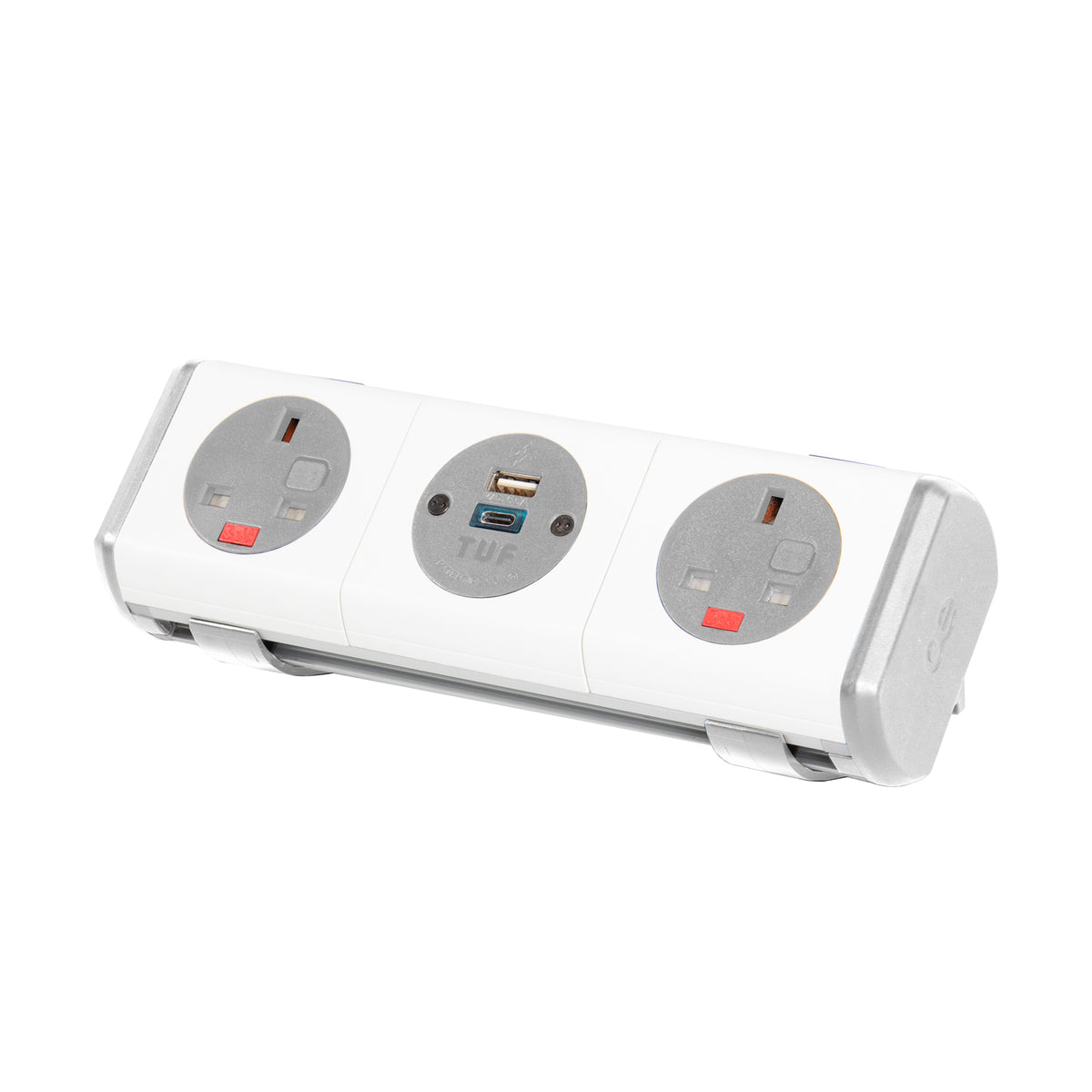 Hubble clip-on power module 2 x UK sockets, 1 x TUF (A&C connectors) USB charger - white - view 1