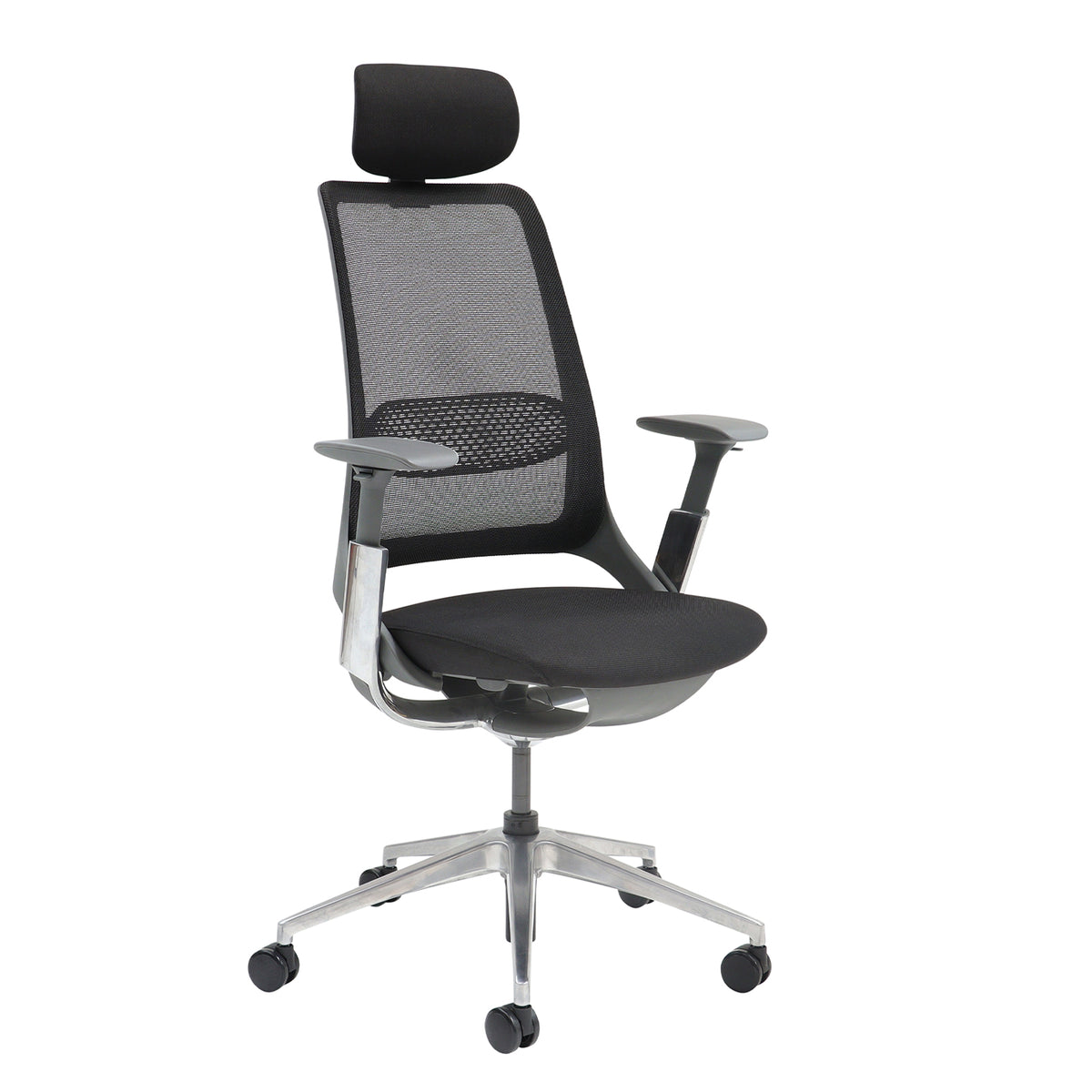 Holden mesh back operator chair with black fabric seat and headrest-Aluminium base and arms with black mesh back - view 1