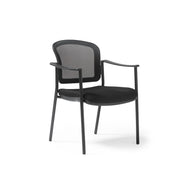Joni upholstered seat and mesh back, black frame stacking chair, arms - view 1