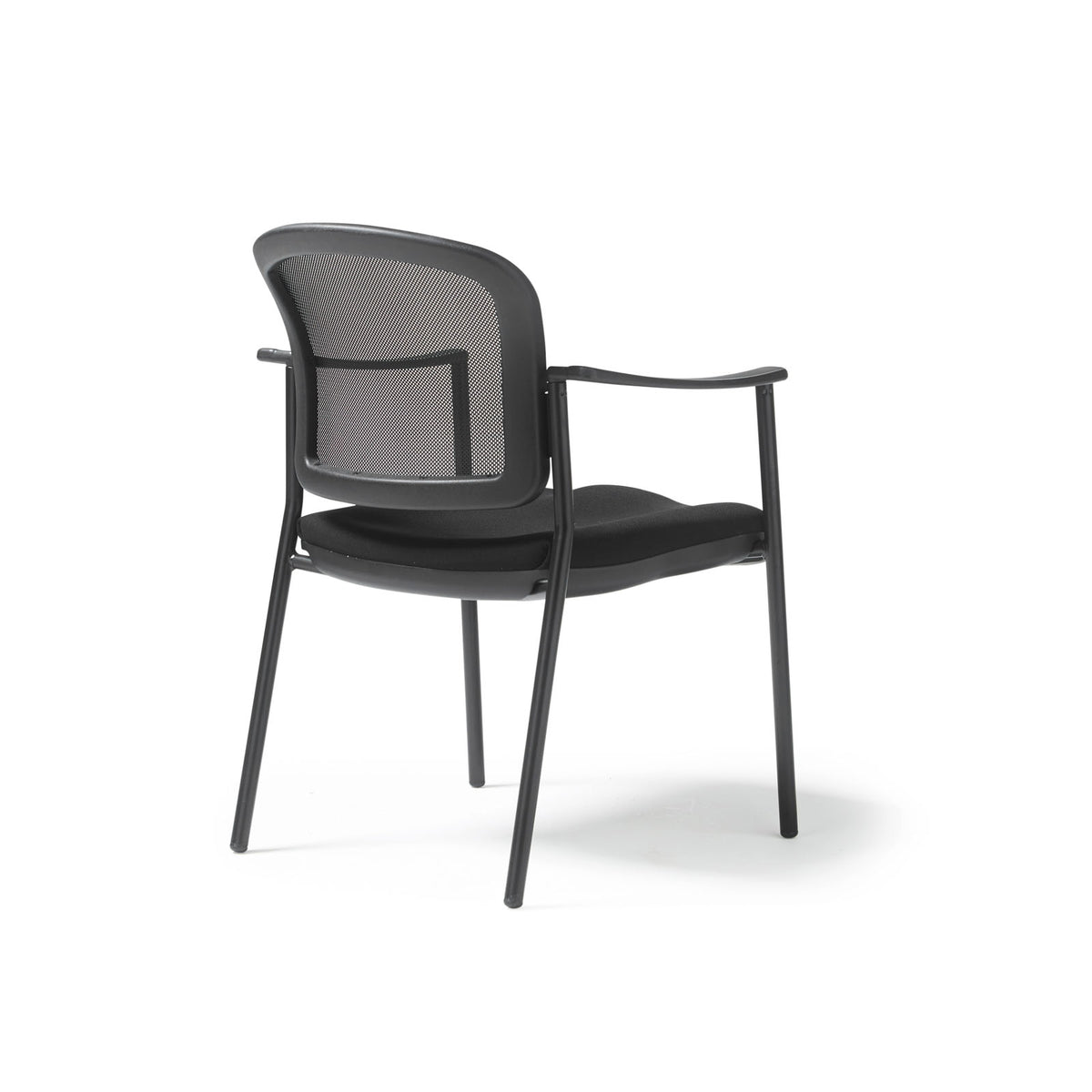 Joni upholstered seat and mesh back, black frame stacking chair, arms - view 4