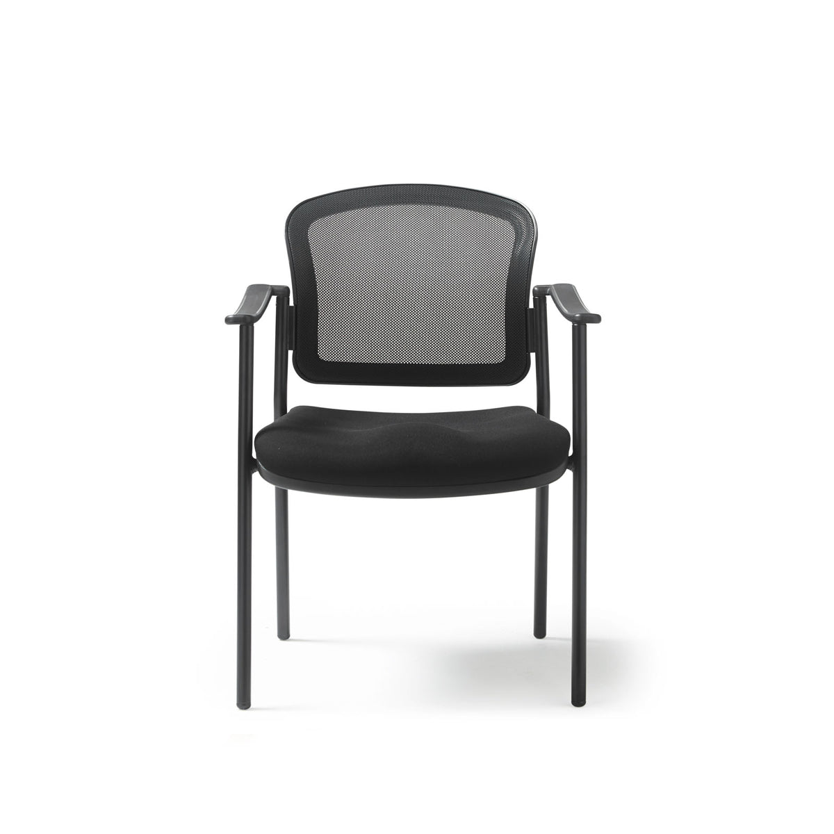 Joni upholstered seat and mesh back, black frame stacking chair, arms - view 2