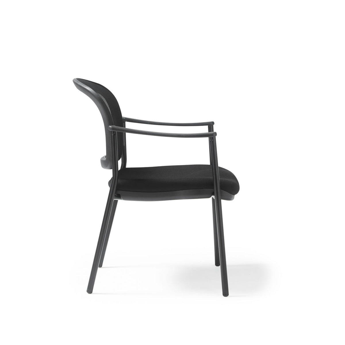 Joni upholstered seat and mesh back, black frame stacking chair, arms - view 3