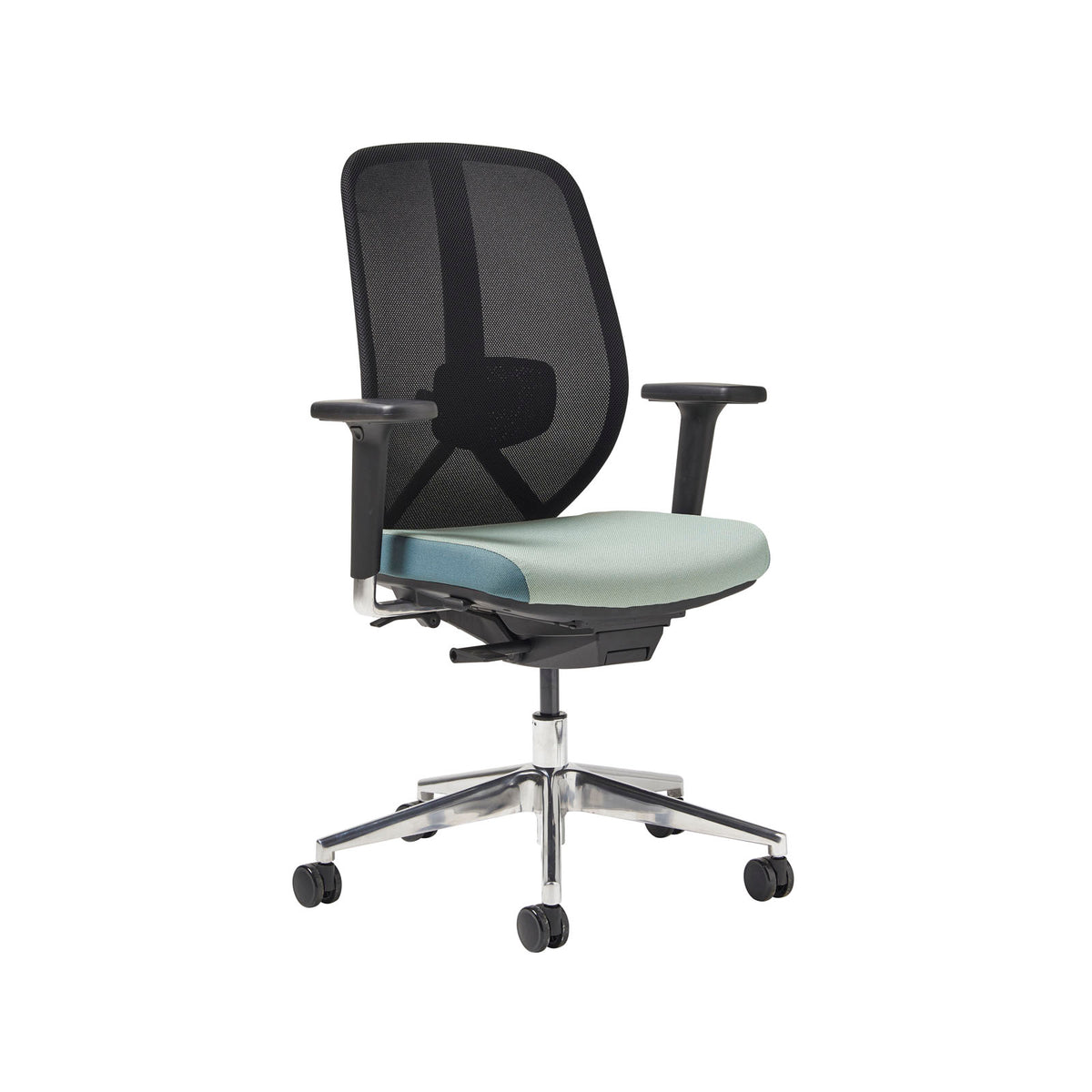 Kura mesh task chair with integrated seat adjustment, lumbar height and depth adjustment, synchronised mechanism with adjustable head rest on a polished aluminium base- made to order - view 1