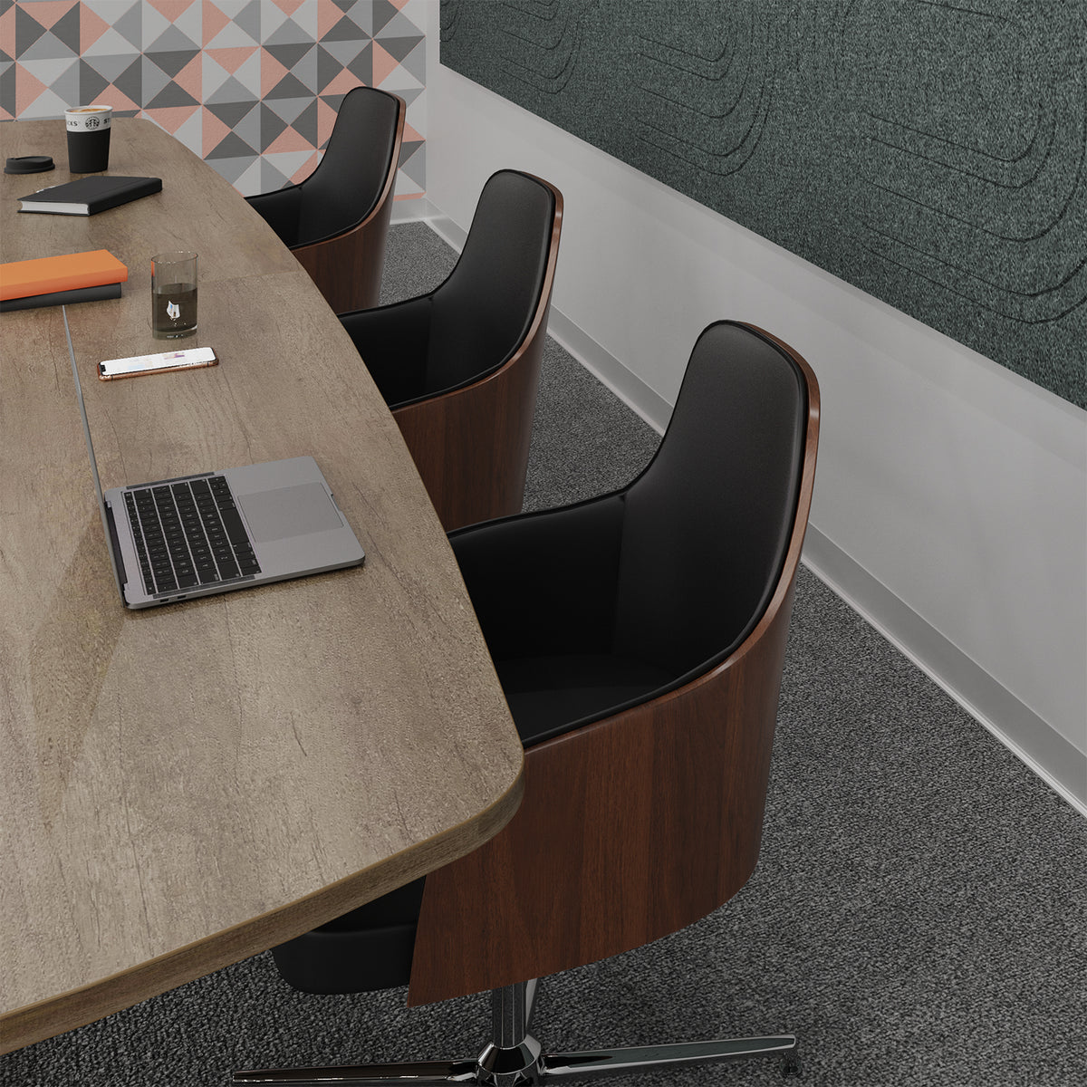 Kyoto oak veneer shell with black PU seat, chrome base and castors - view 5