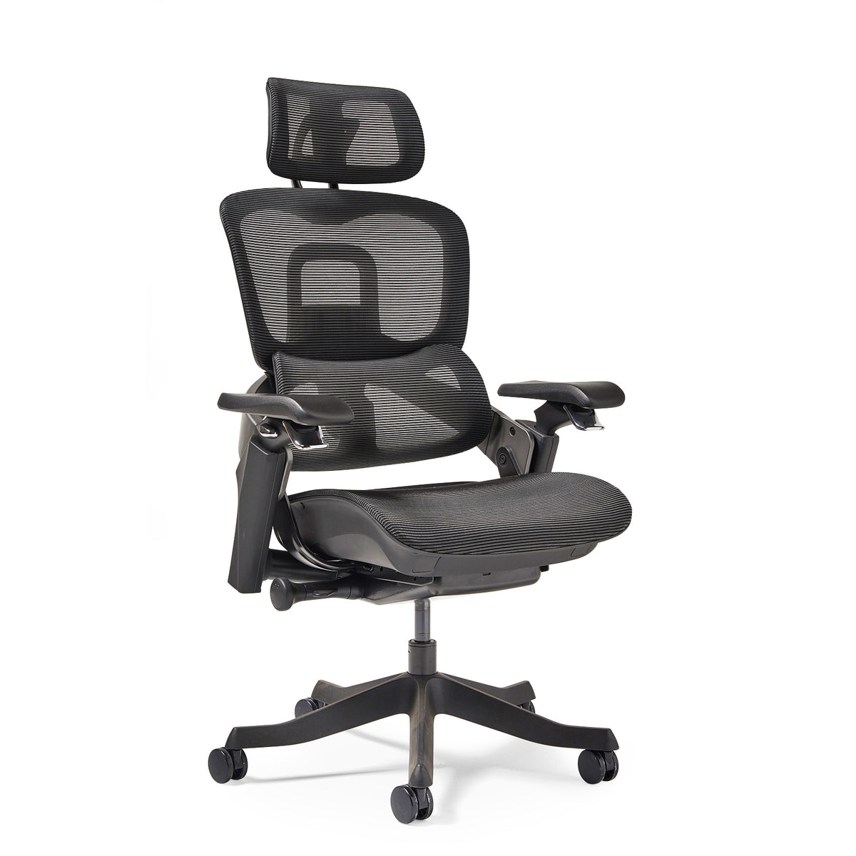 Lyra is a fully ergonomic task chair with adjustable arms and integrated head rest in black - view 1