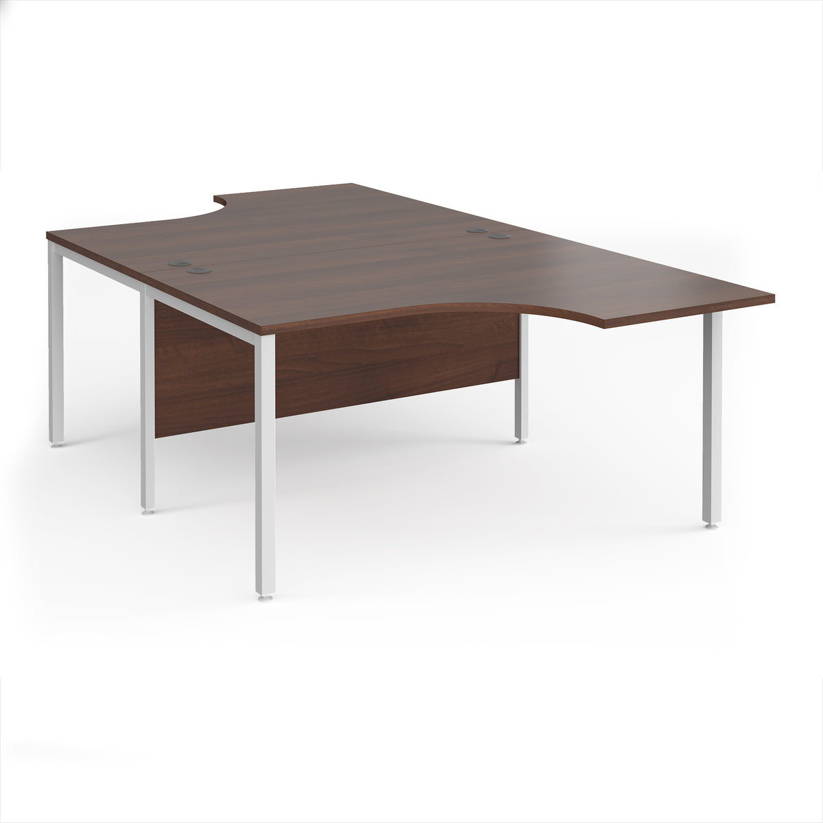 Maestro 25 back to back ergonomic desks 1400mm deep - white bench leg frame, Walnut top - view 1