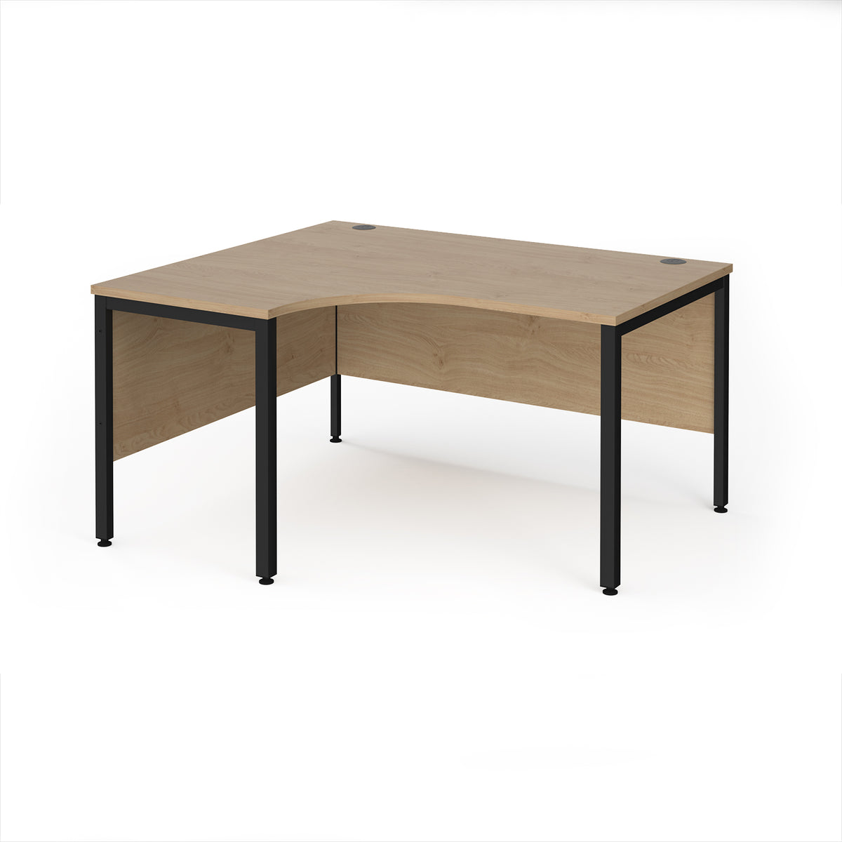 Maestro 25 left hand ergonomic desk 1400mm wide - black bench leg frame, Kendal Oak Top - view 1