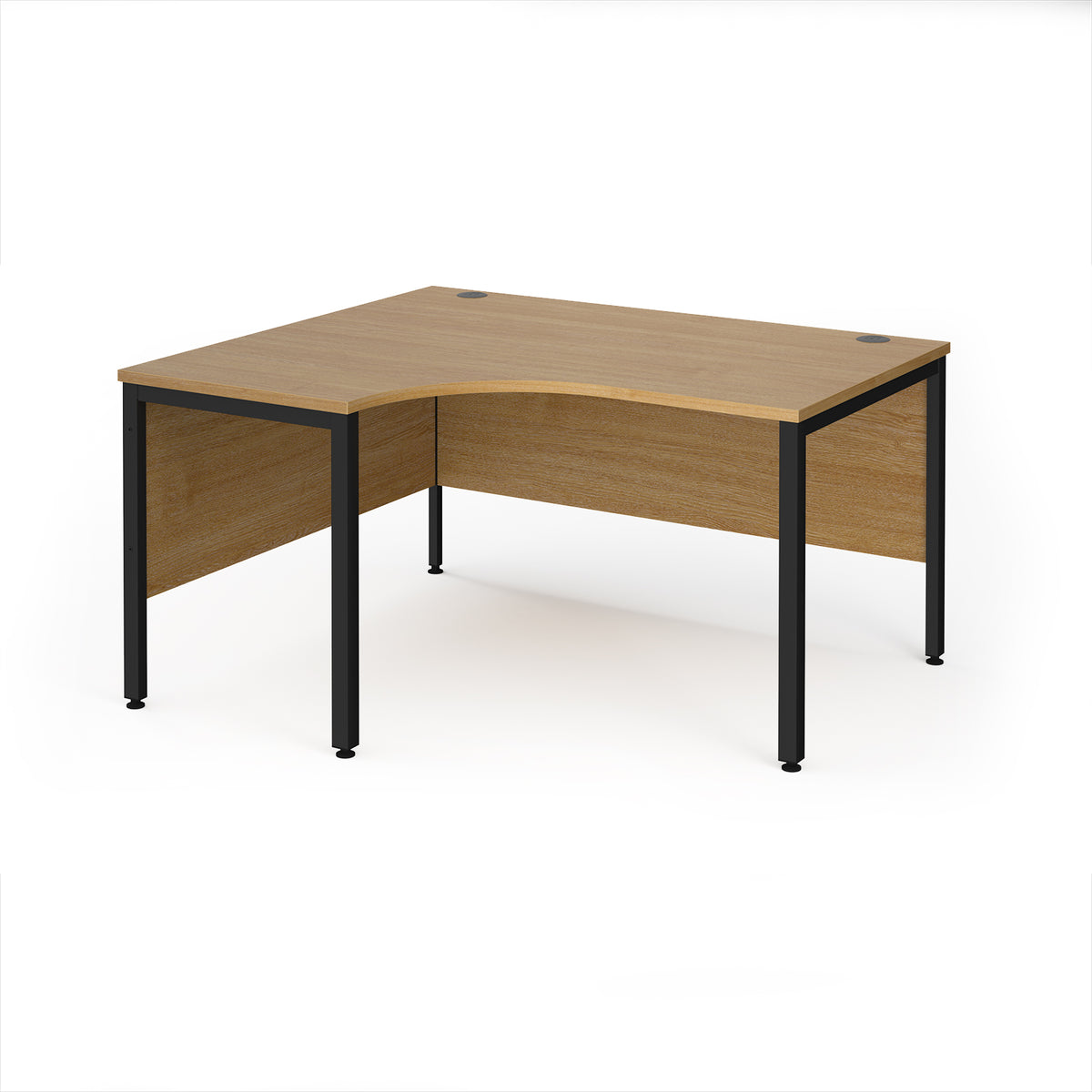 Maestro 25 left hand ergonomic desk 1400mm wide - black bench leg frame, Oak Top - view 1