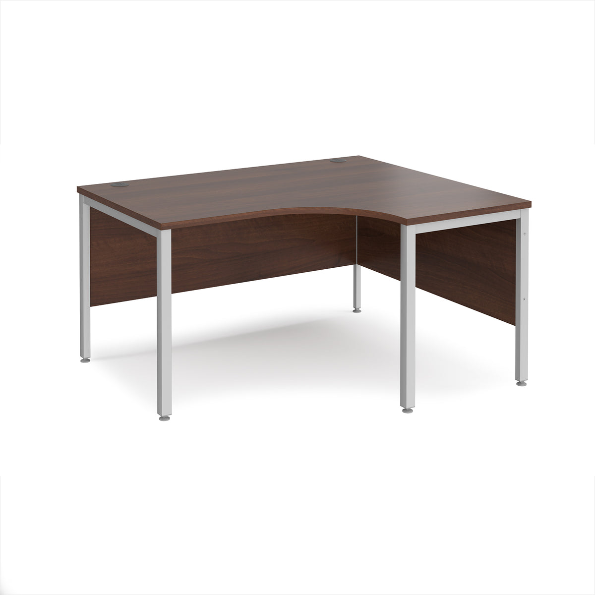 Maestro 25 right hand ergonomic desk 1400mm wide - silver bench leg frame, Walnut top - view 1