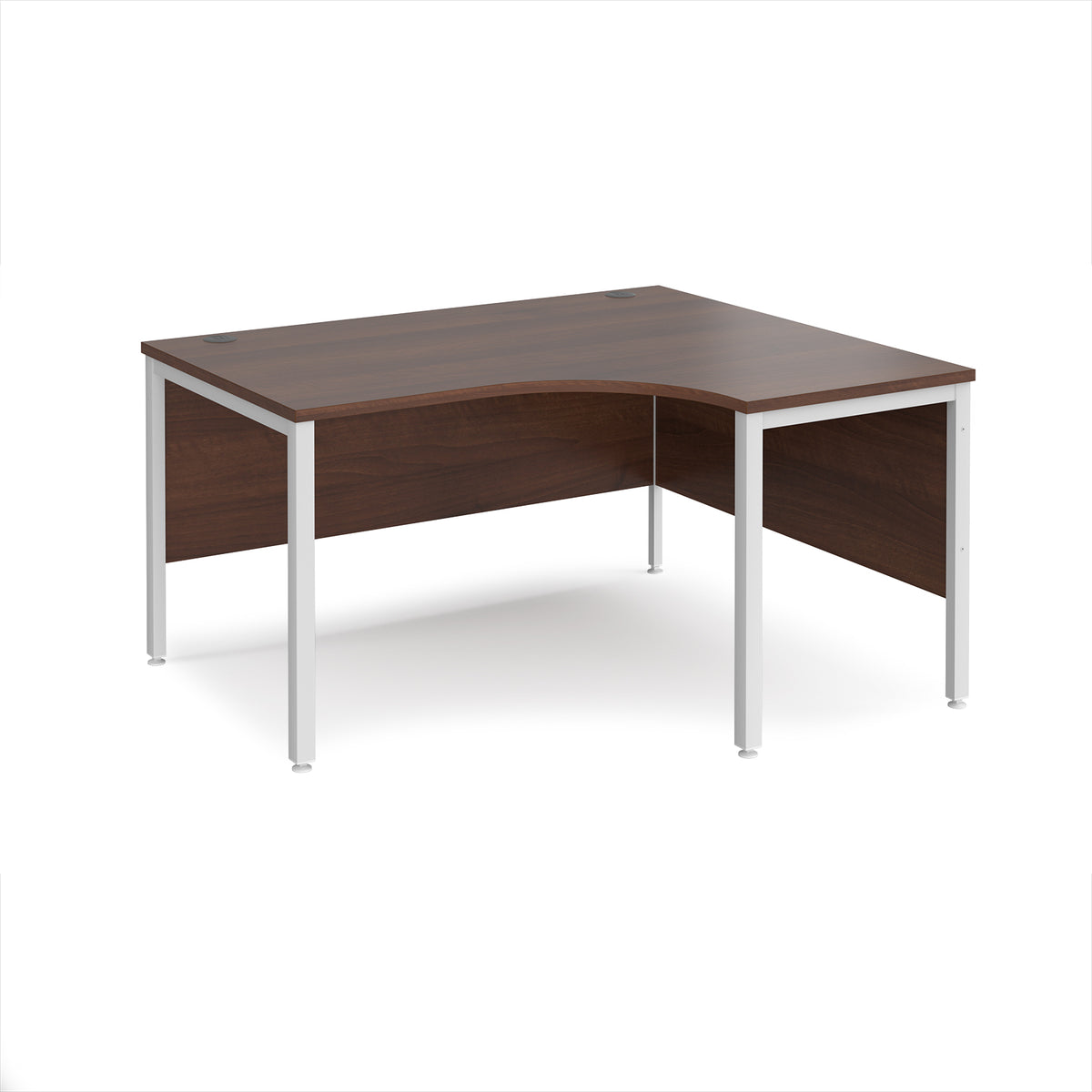 Maestro 25 right hand ergonomic desk 1400mm wide - white bench leg frame, Walnut top - view 1