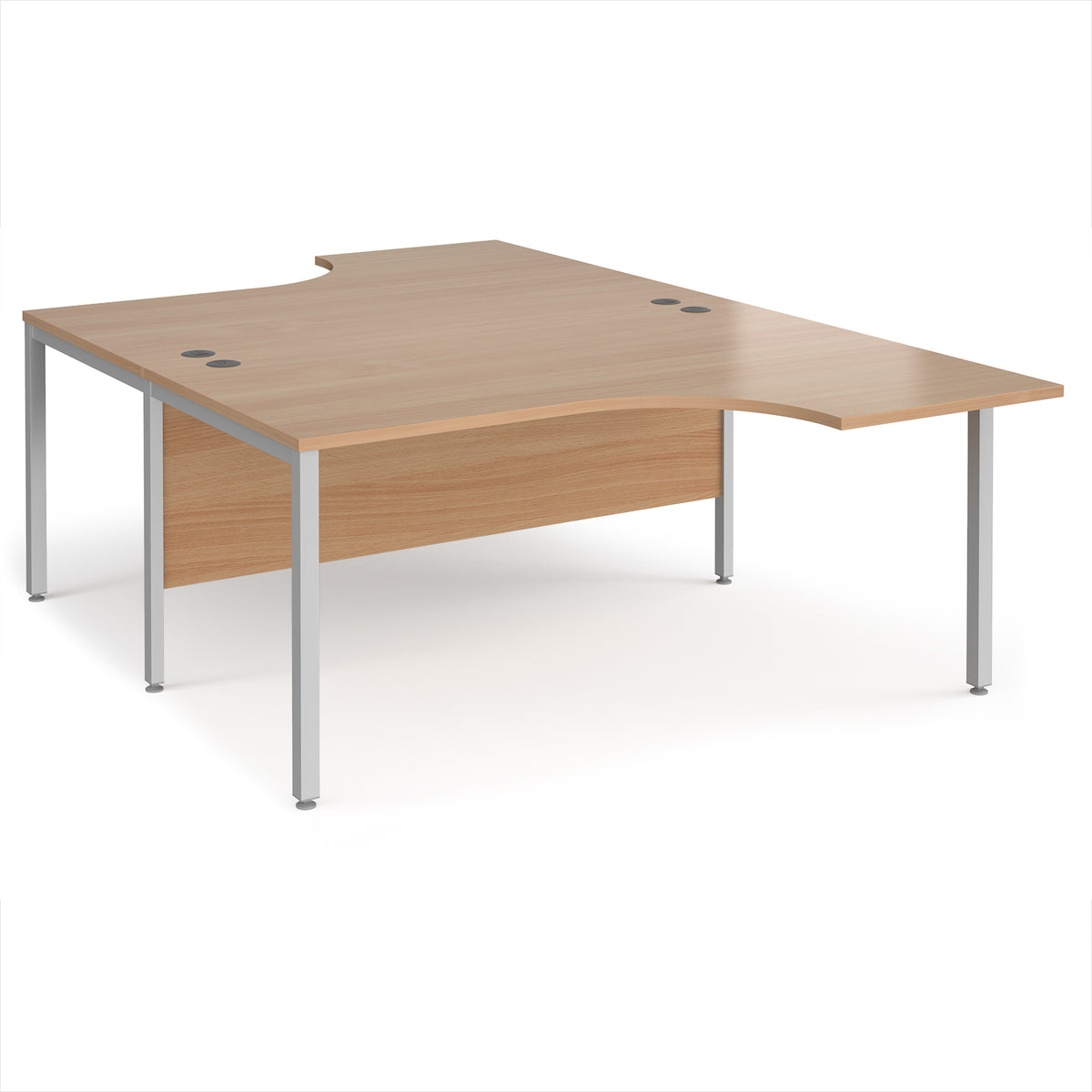 Maestro 25 back to back ergonomic desks 1600mm deep - silver bench leg frame, Beech top - view 1