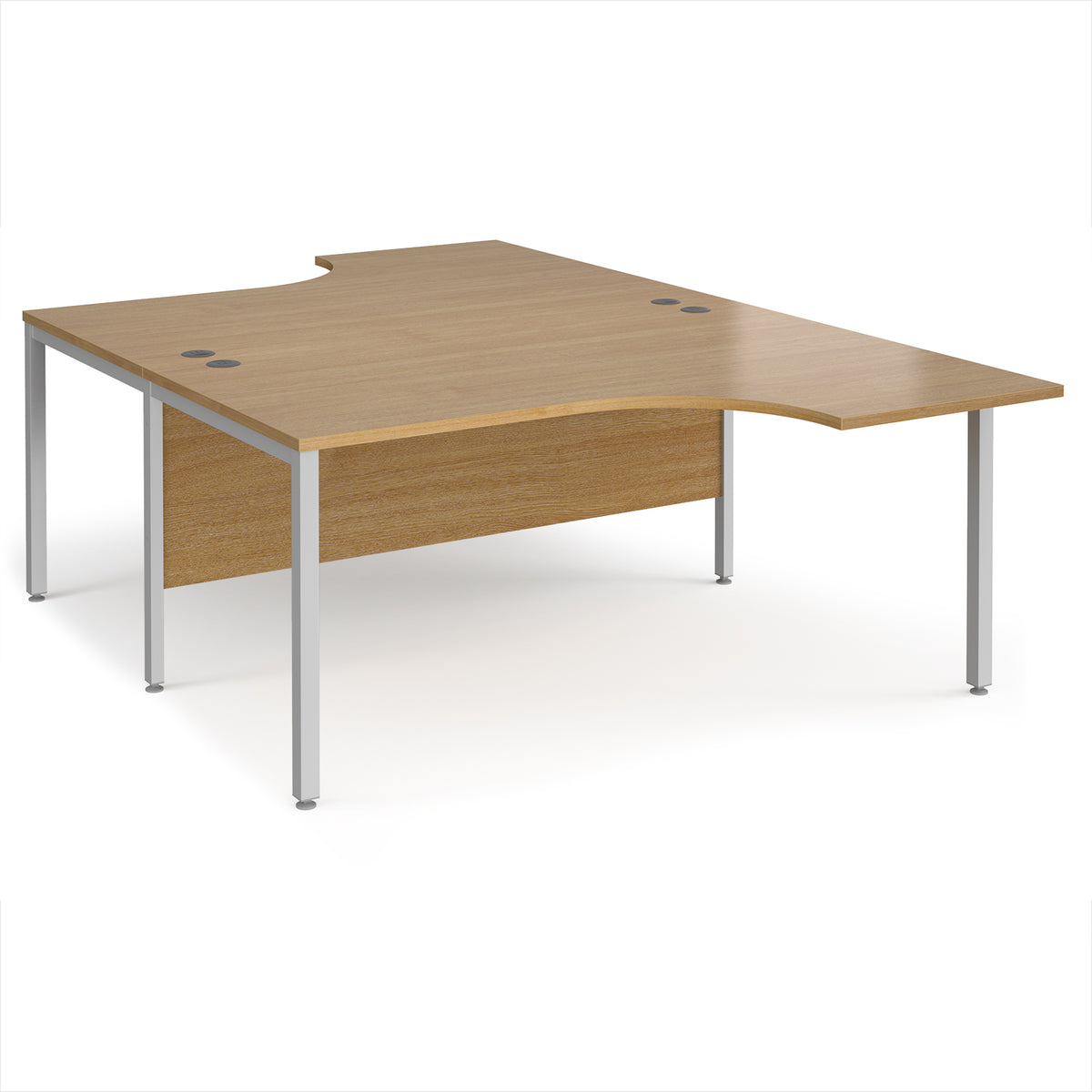 Maestro 25 back to back ergonomic desks 1600mm deep - silver bench leg frame, Oak Top - view 1