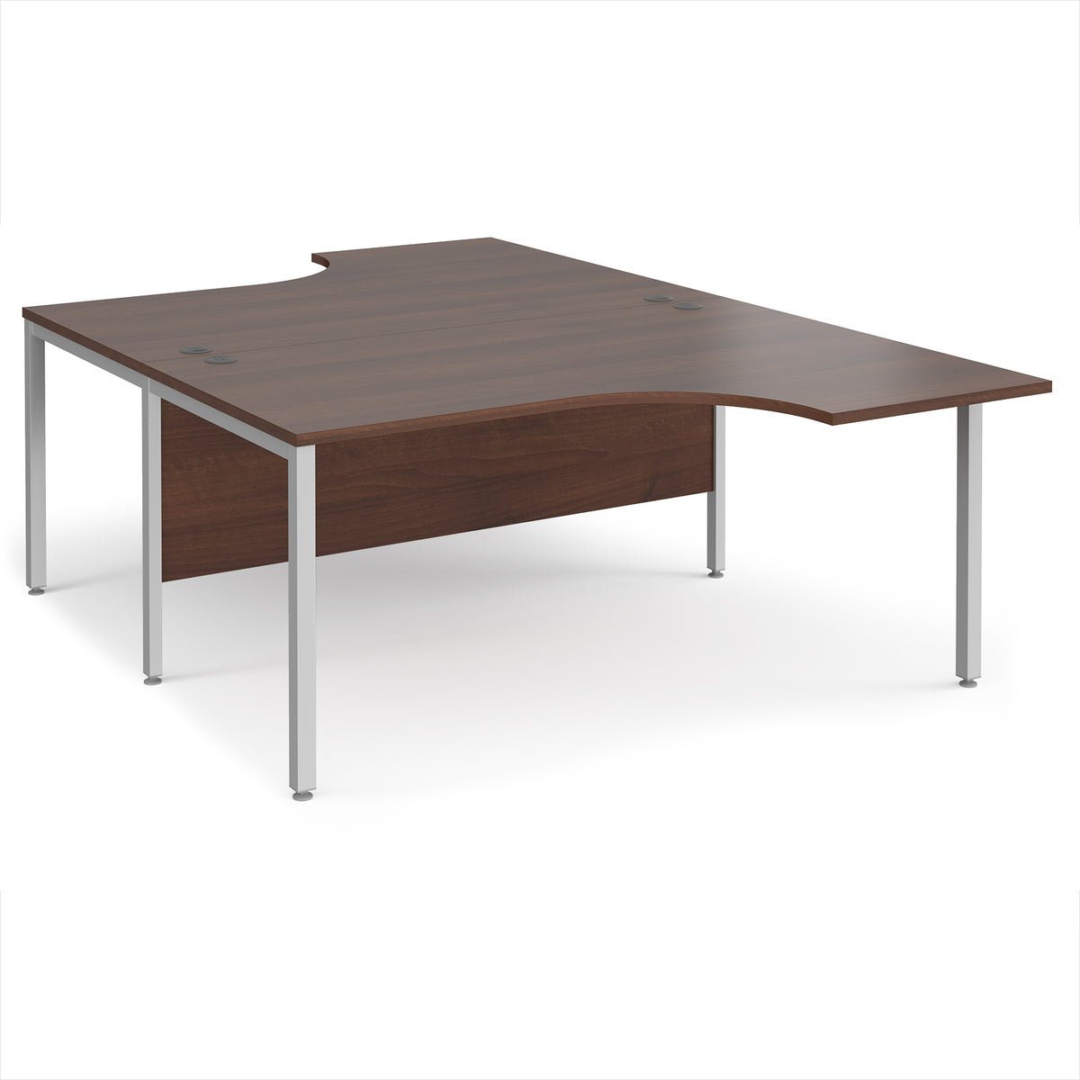 Maestro 25 back to back ergonomic desks 1600mm deep - silver bench leg frame, Walnut top - view 1