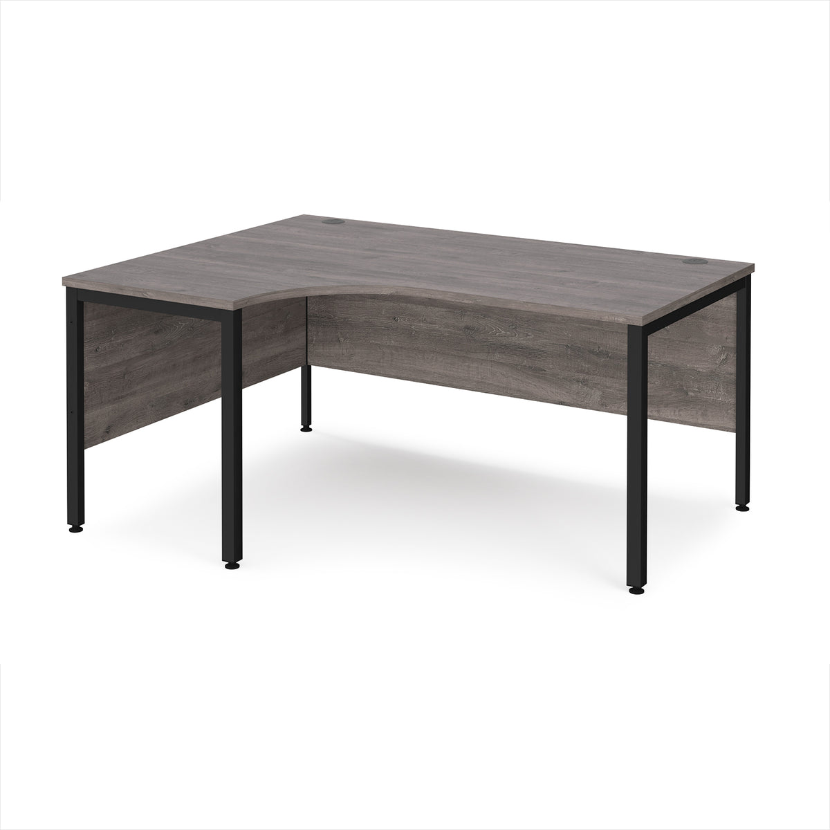 Maestro 25 left hand ergonomic desk 1600mm wide - black bench leg frame, Grey Oak Top - view 1