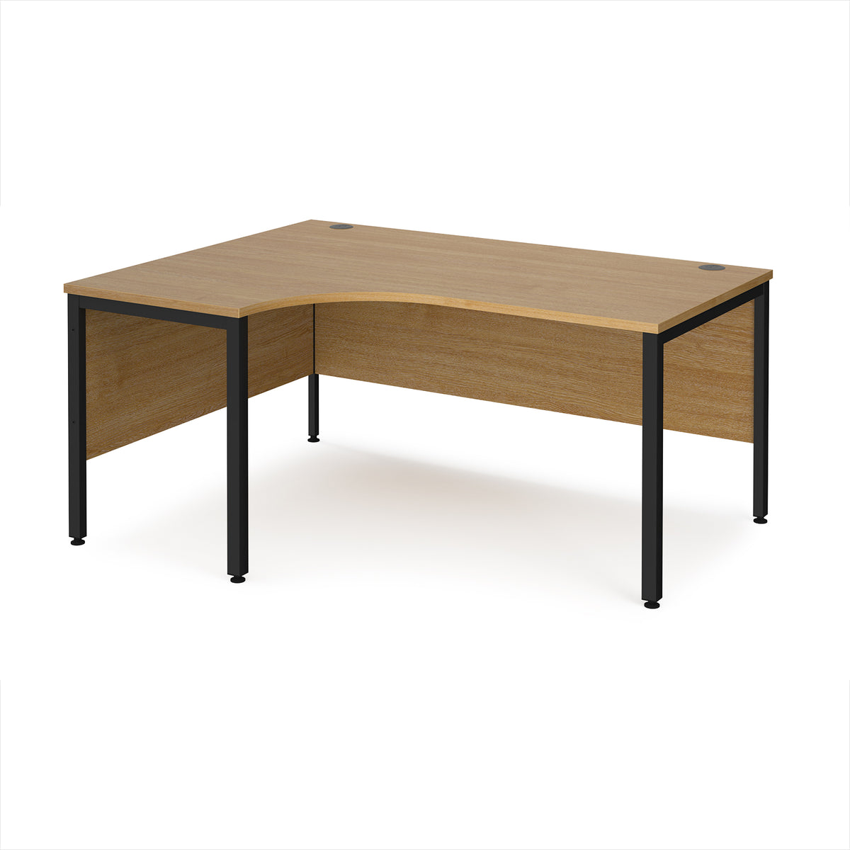 Maestro 25 left hand ergonomic desk 1600mm wide - black bench leg frame, Oak Top - view 1