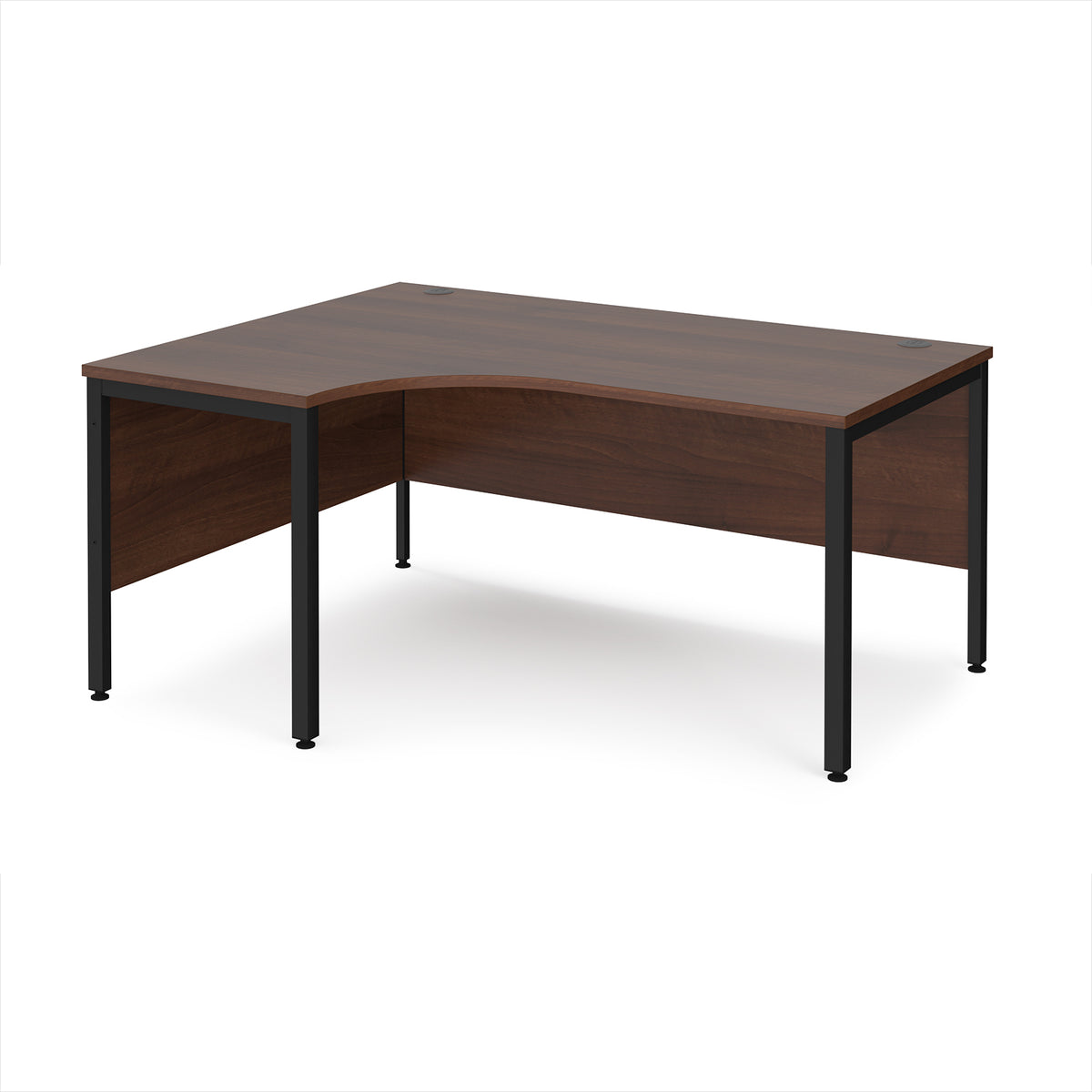 Maestro 25 left hand ergonomic desk 1600mm wide - black bench leg frame, Walnut top - view 1