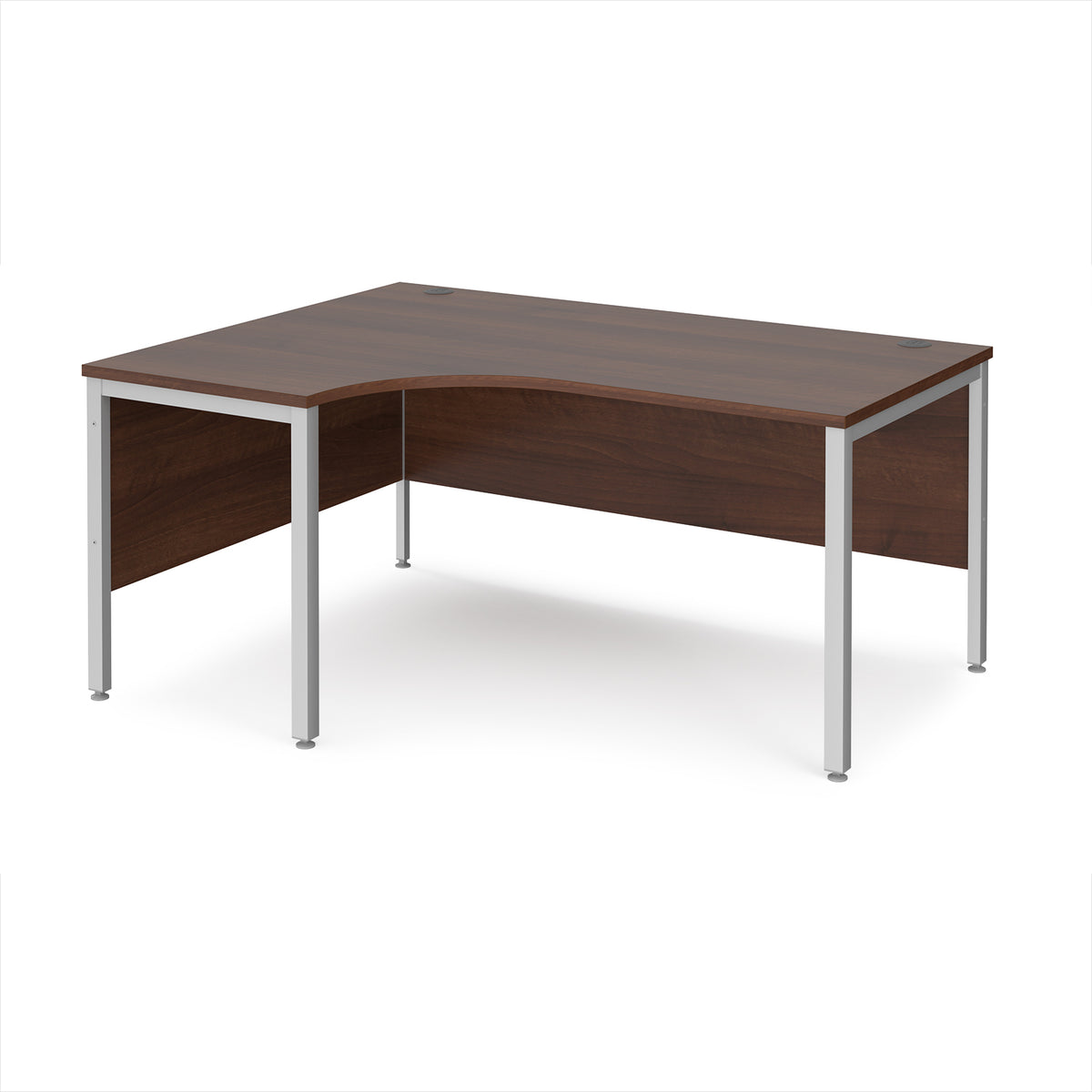 Maestro 25 left hand ergonomic desk 1600mm wide - silver bench leg frame, Walnut top - view 1