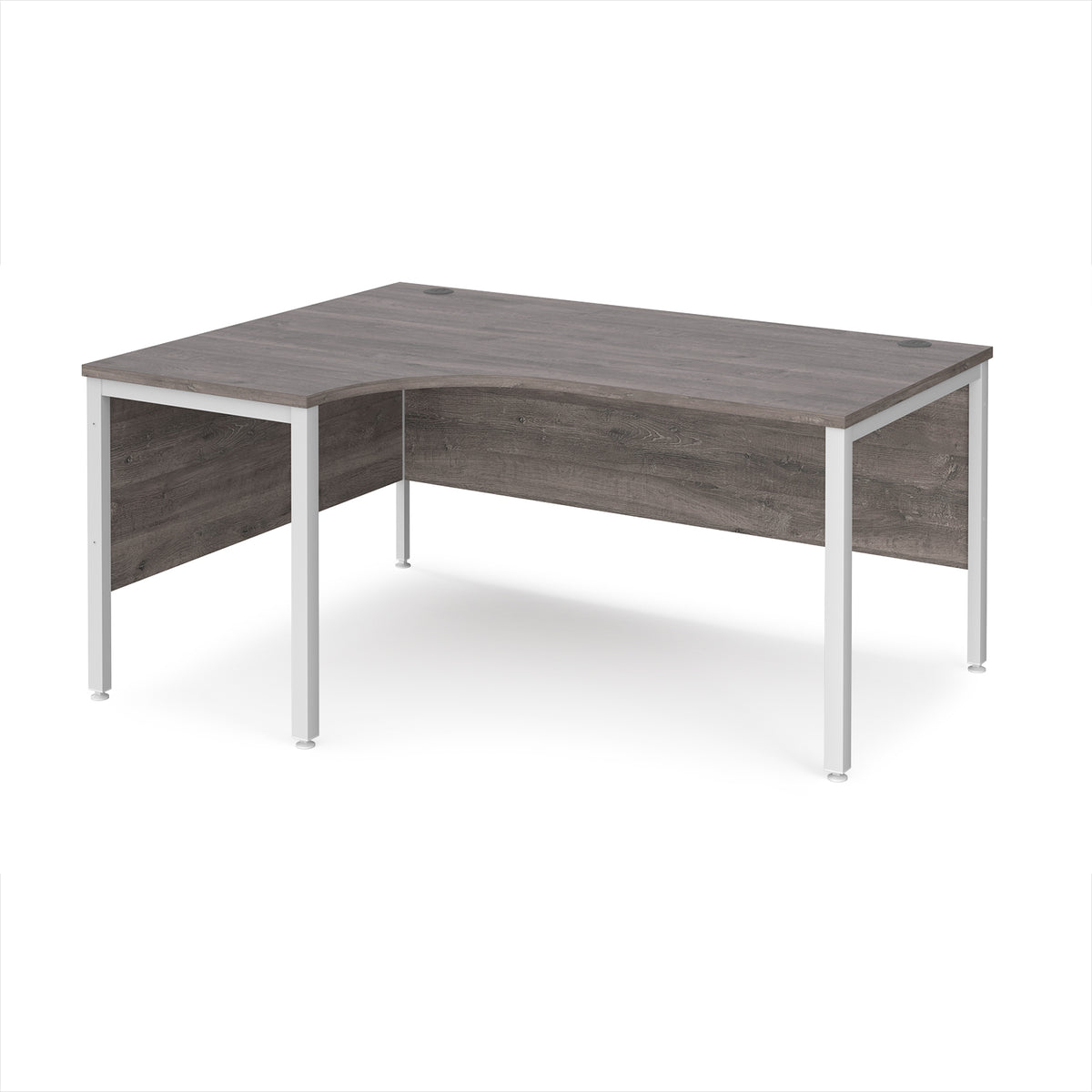 Maestro 25 left hand ergonomic desk 1600mm wide - white bench leg frame, Grey Oak Top - view 1