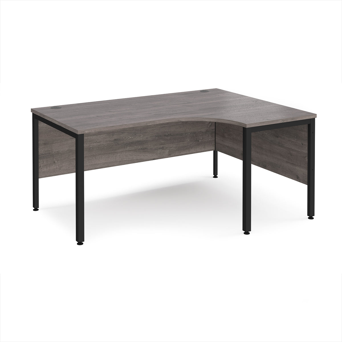 Maestro 25 right hand ergonomic desk 1600mm wide - black bench leg frame, Grey Oak Top - view 1