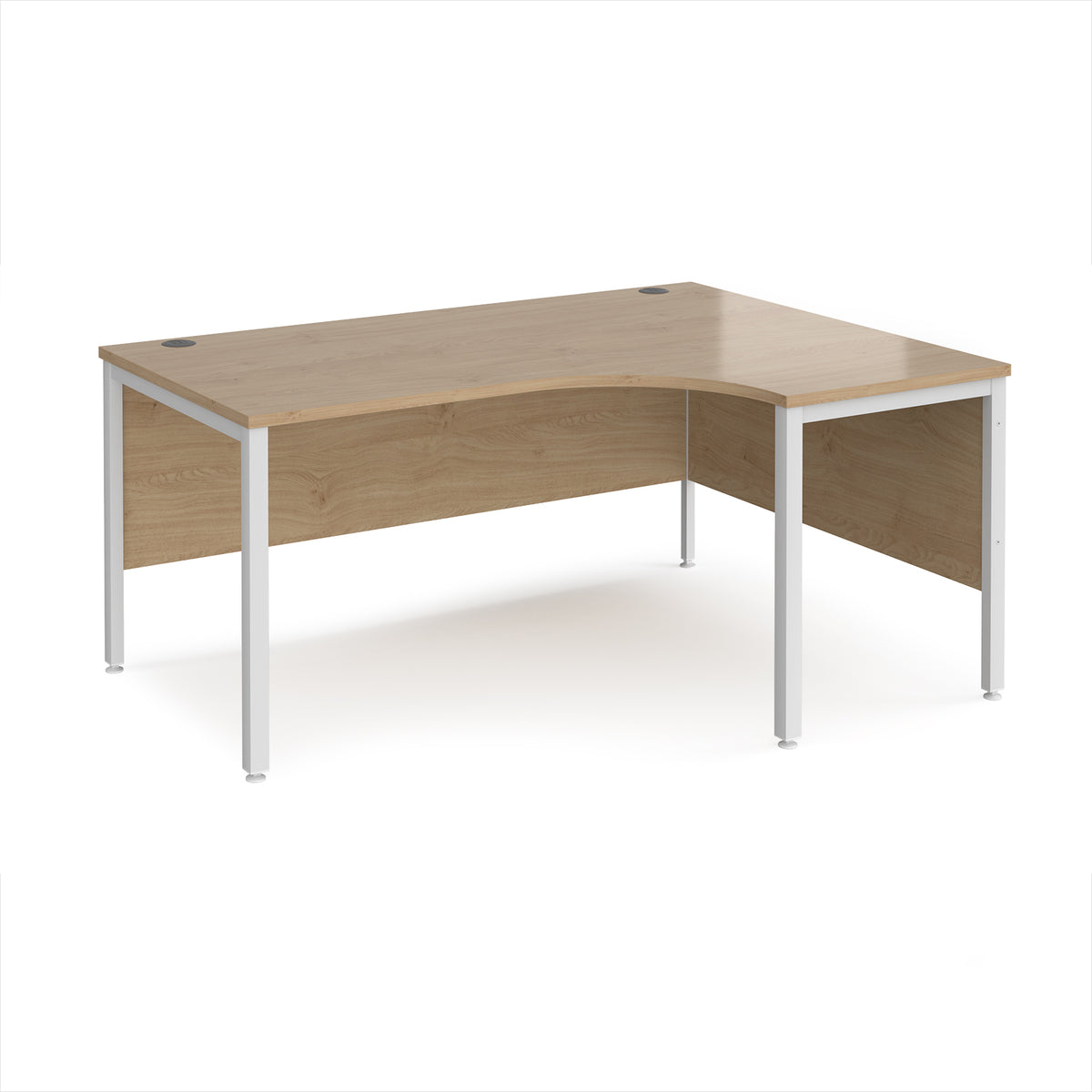 Maestro 25 right hand ergonomic desk 1600mm wide - white bench leg frame, Kendal Oak Top - view 1