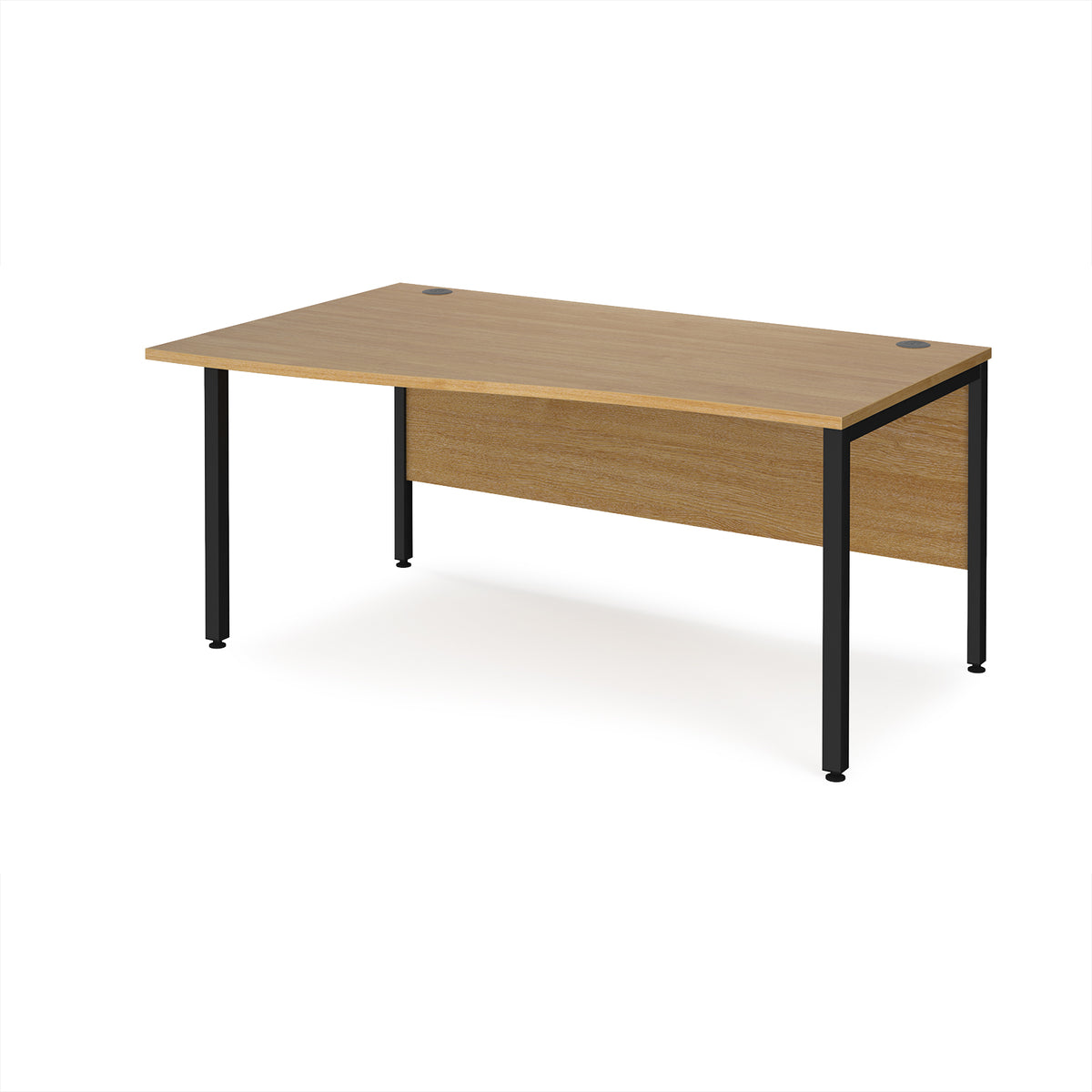 Maestro 25 left hand wave desk 1600mm wide - black bench leg frame, Oak Top - view 1
