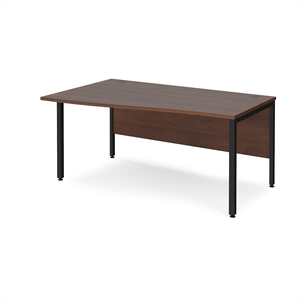 Maestro 25 left hand wave desk 1600mm wide - black bench leg frame, Walnut top - view 1