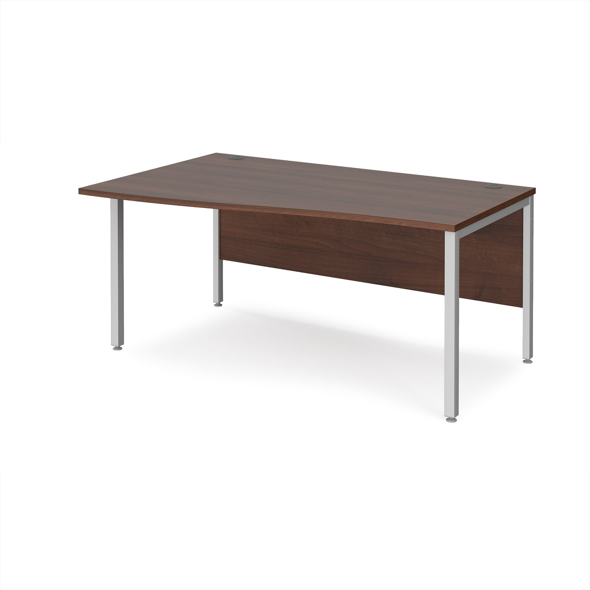 Maestro 25 left hand wave desk 1600mm wide - silver bench leg frame, Walnut top - view 1