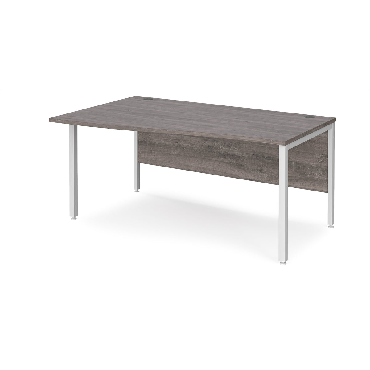 Maestro 25 left hand wave desk 1600mm wide - white bench leg frame, Grey Oak Top - view 1