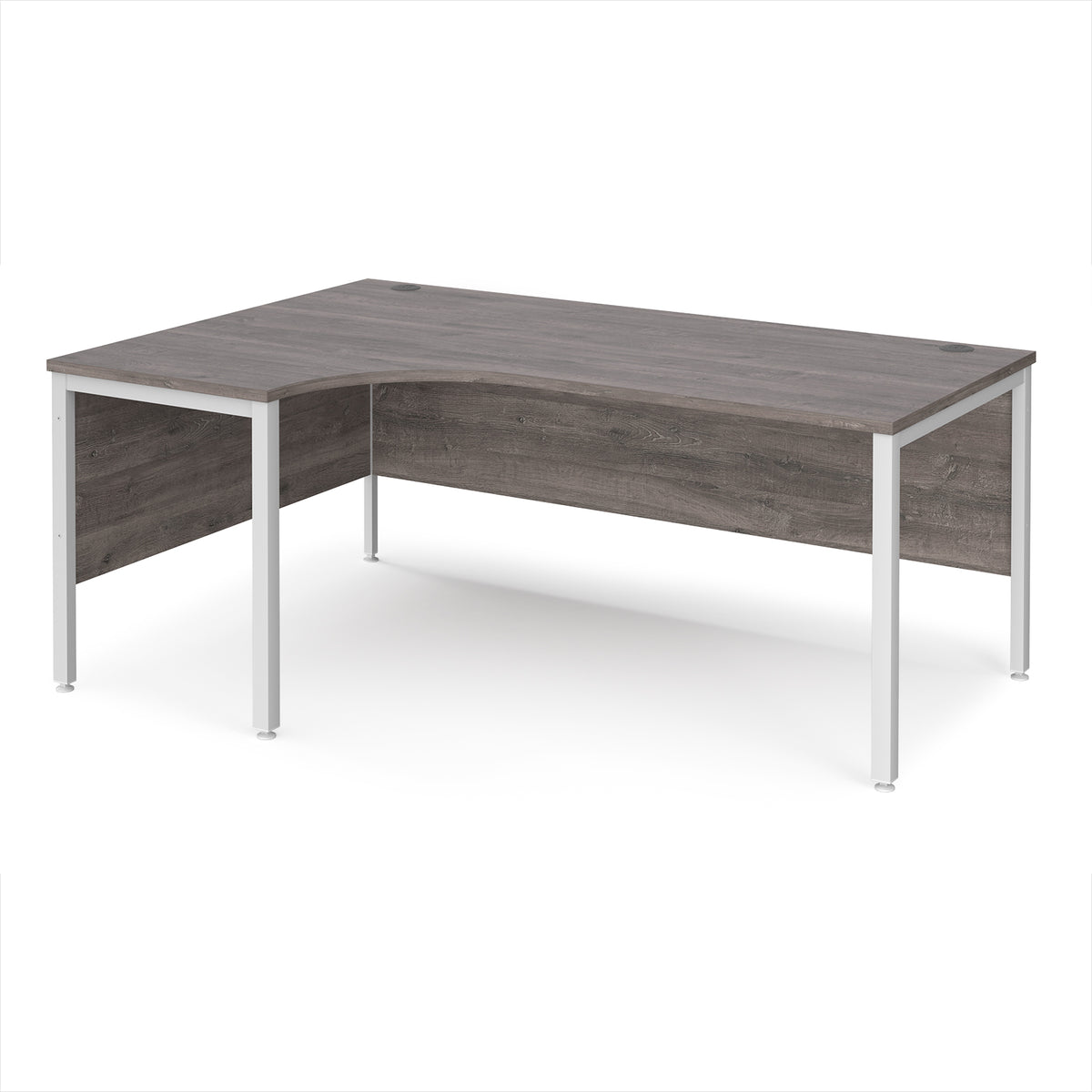 Maestro 25 left hand ergonomic desk 1800mm wide - white bench leg frame, Grey Oak Top - view 1