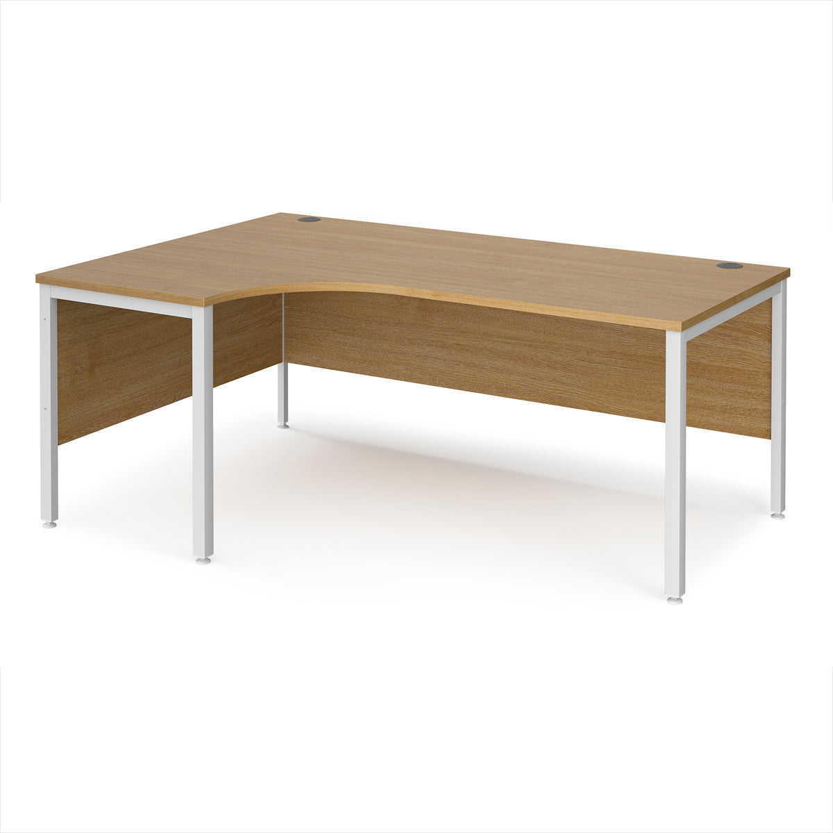 Maestro 25 left hand ergonomic desk 1800mm wide - white bench leg frame, Oak Top - view 1