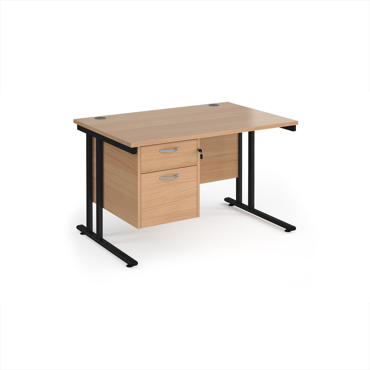 Maestro 25 straight desk 1200mm x 800mm with 2 drawer pedestal - black cantilever leg frame, Beech top - view 1