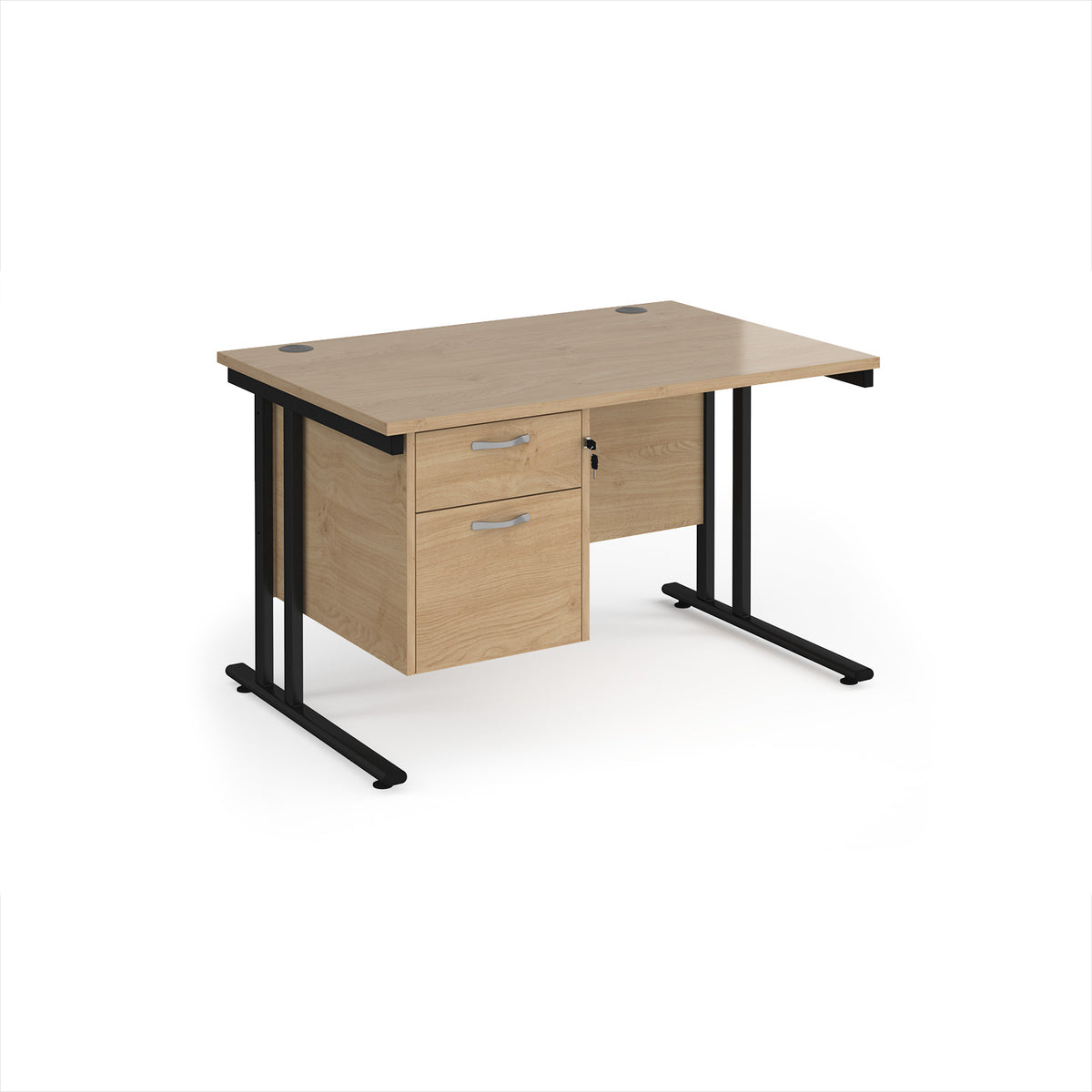 Maestro 25 straight desk 1200mm x 800mm with 2 drawer pedestal - black cantilever leg frame, Kendal Oak Top - view 1